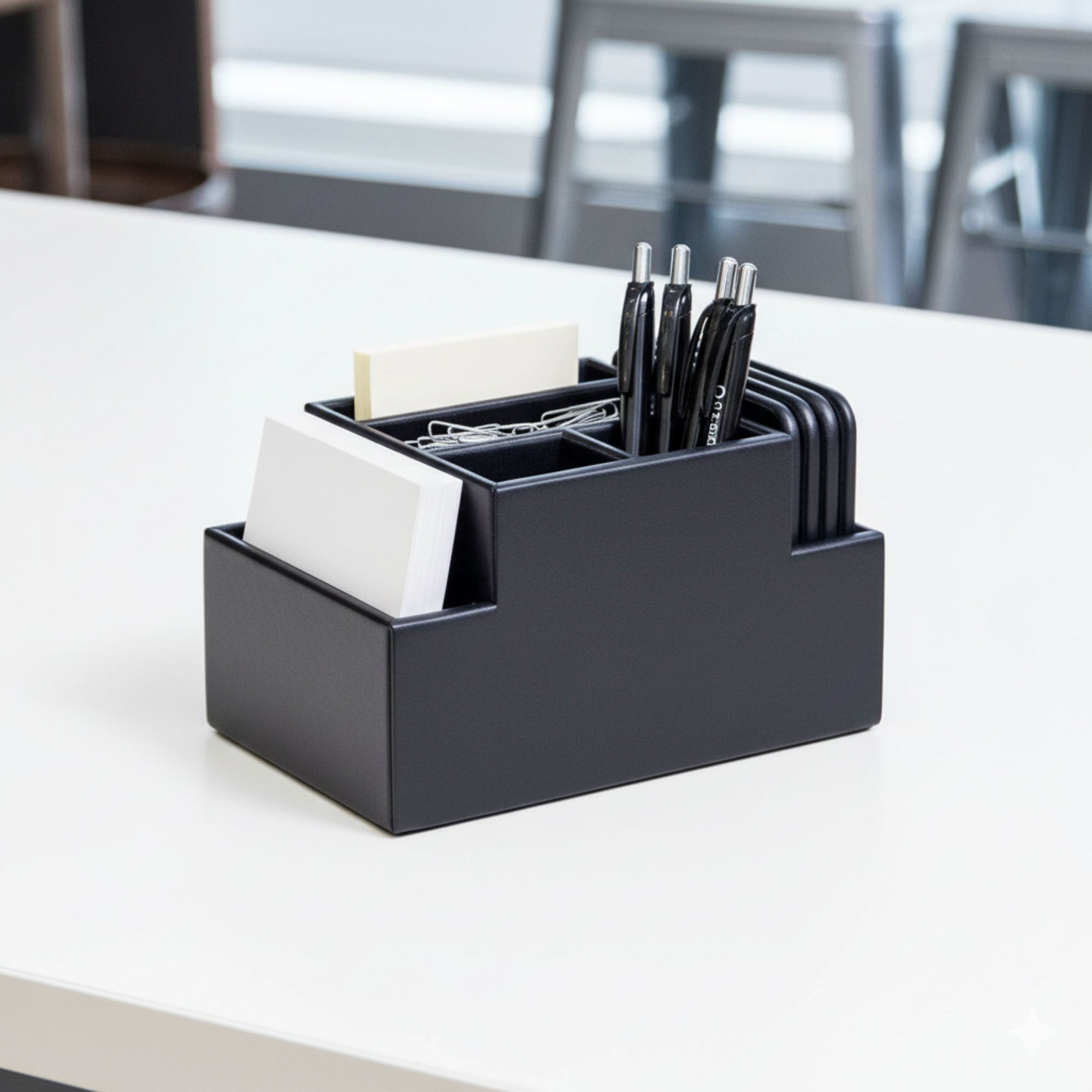 Classic Black Leather Multi-Purpose Desk Supply Organizer