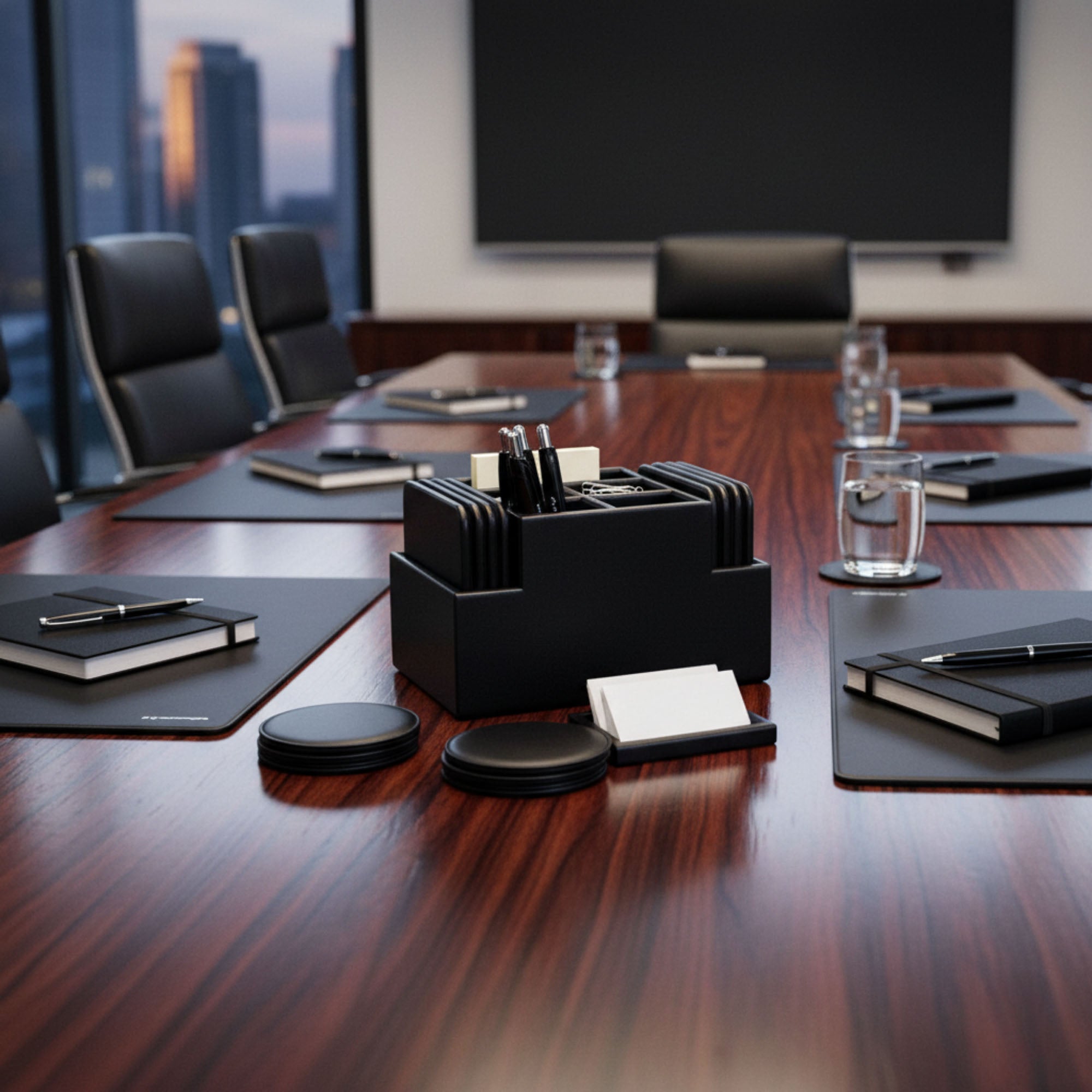 Classic Black Leather Multi-Purpose Desk Supply Organizer