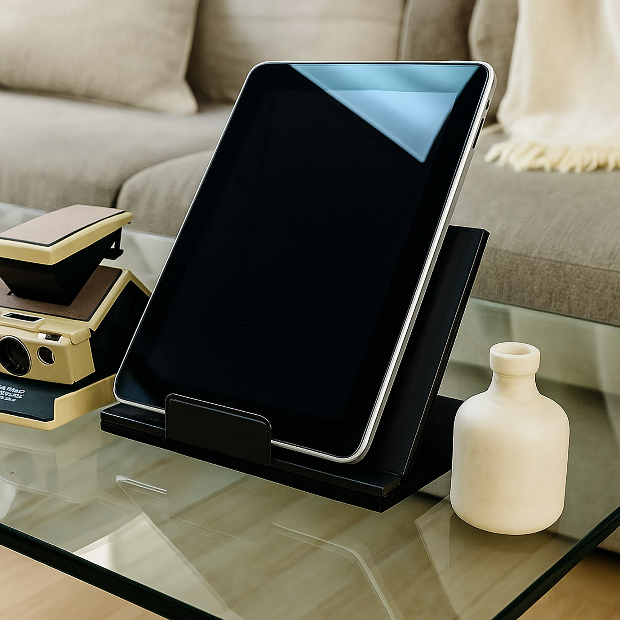 Classic Black Leather Tablet Stand