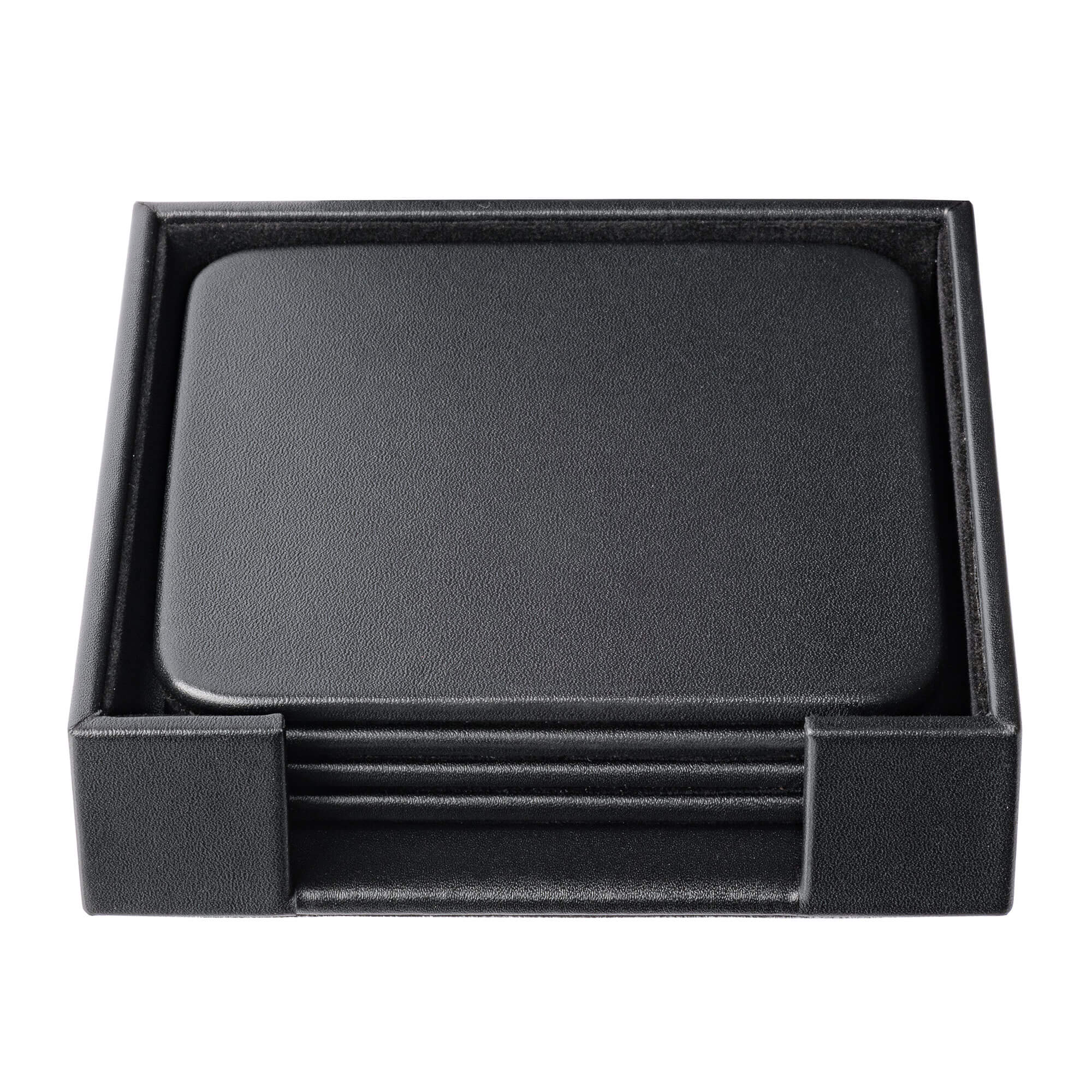 Black Leather 4 Square Coaster Set w/ Holder