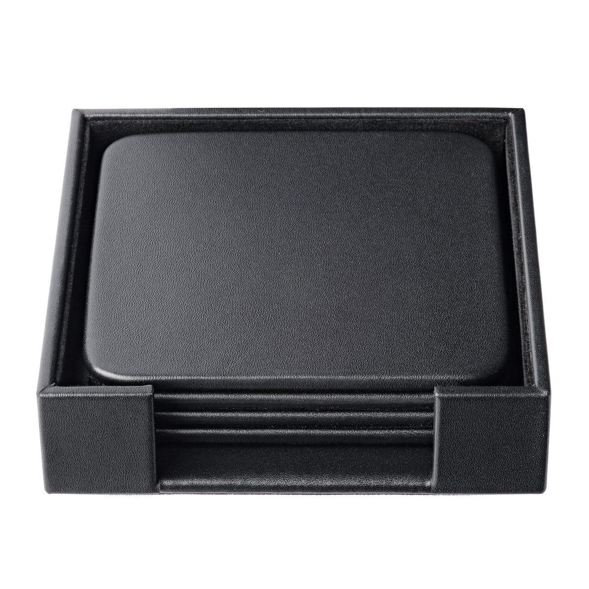 Black Leather 4 Square Coaster Set w/ Holder