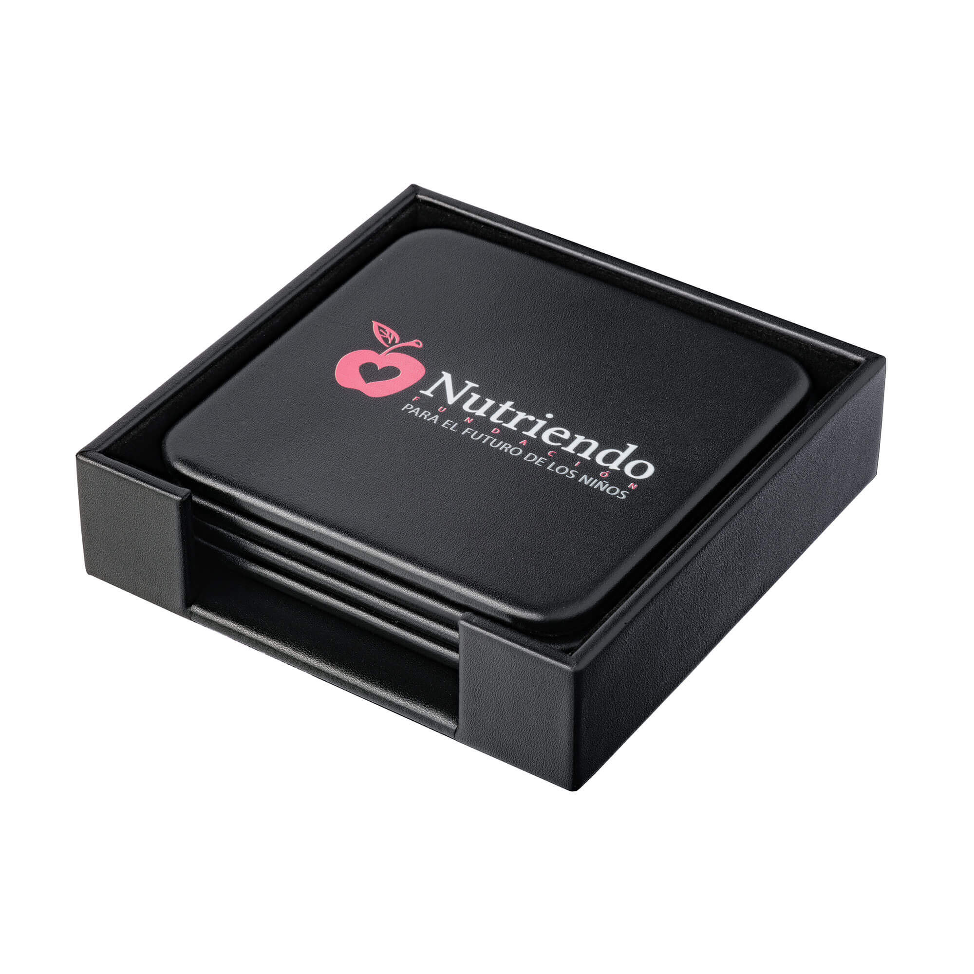 Black Leather 4 Square Coaster Set w/ Holder