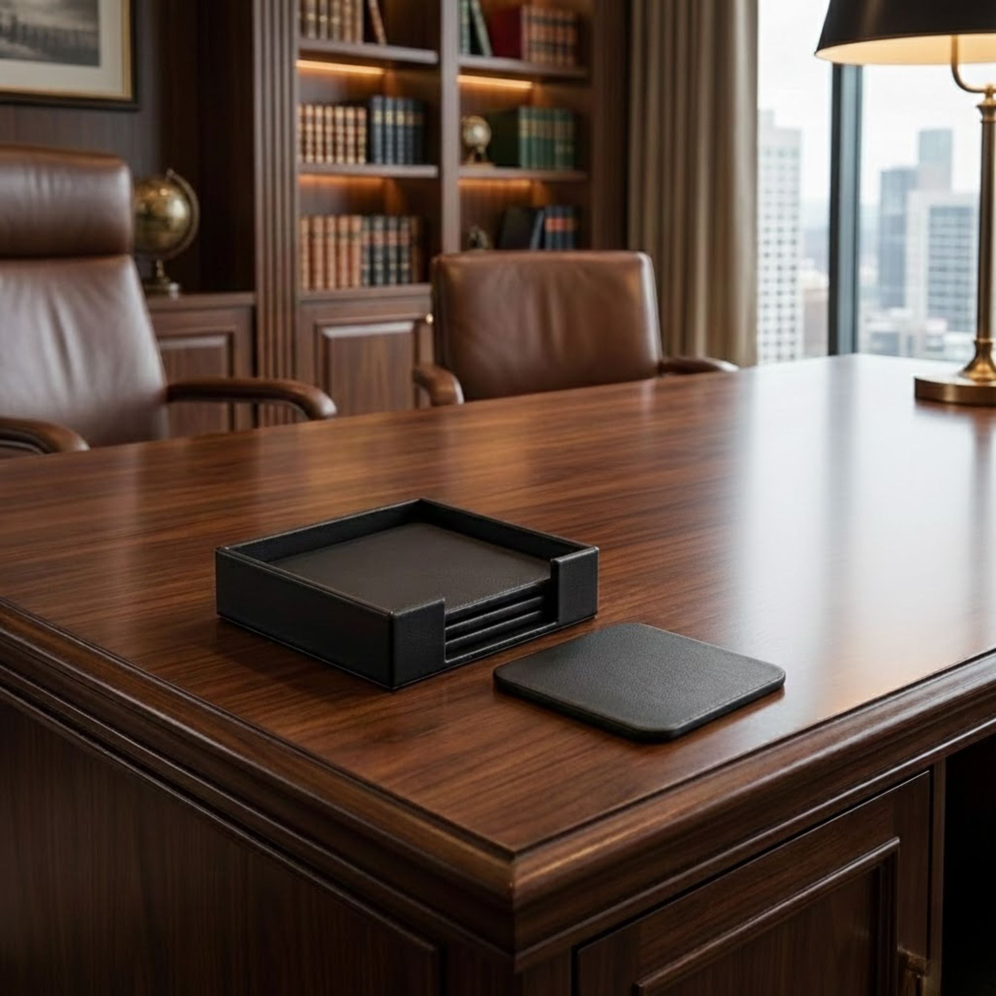 Black Leather 4 Square Coaster Set w/ Holder