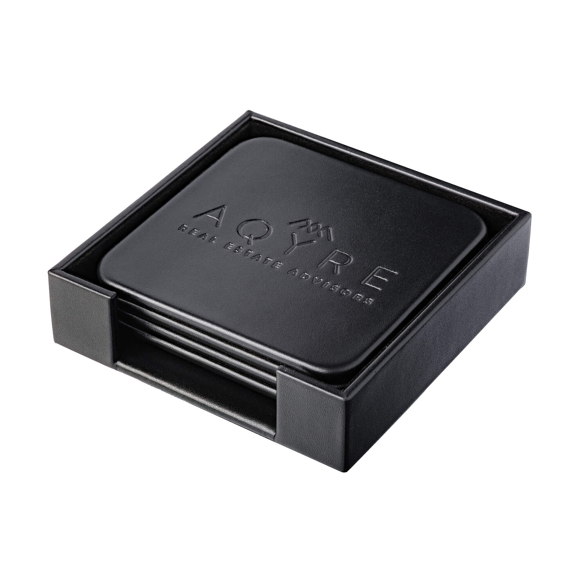 Black Leather 4 Square Coaster Set w/ Holder
