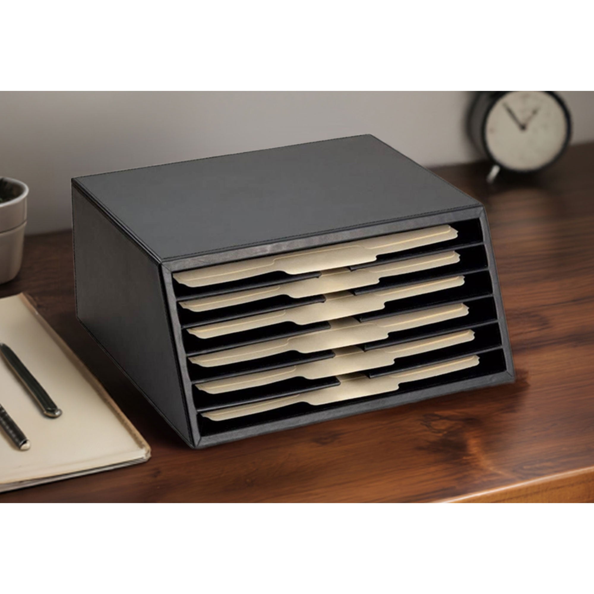 Classic Black Leather Vertical File Sorter/Holder