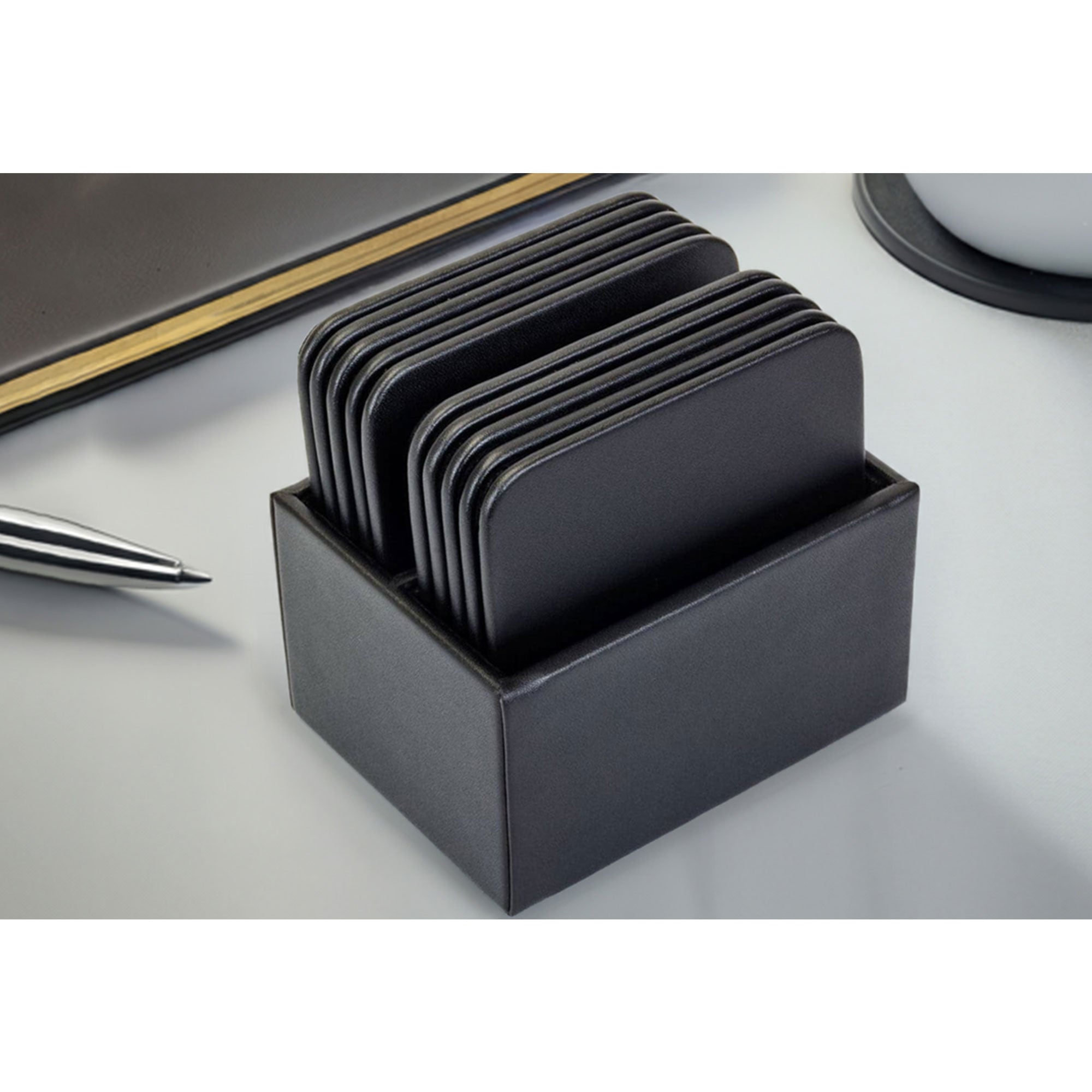 Black Leatherette 10 Square Coaster Set w/ Holder