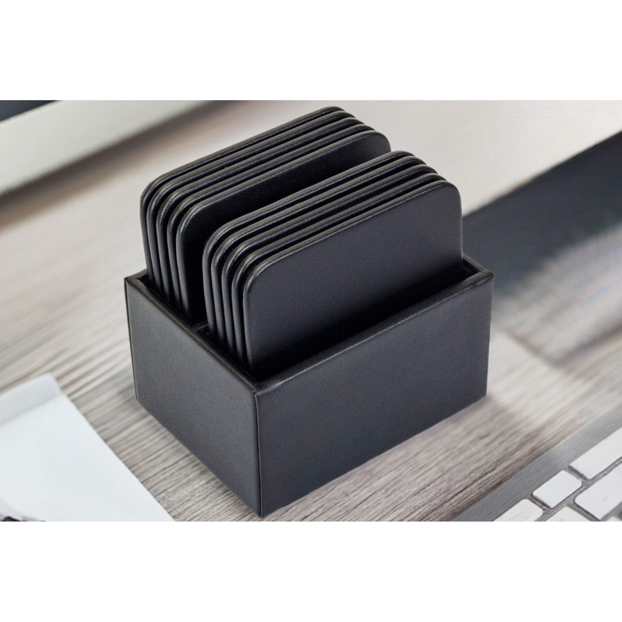 Black Leatherette 10 Square Coaster Set w/ Holder