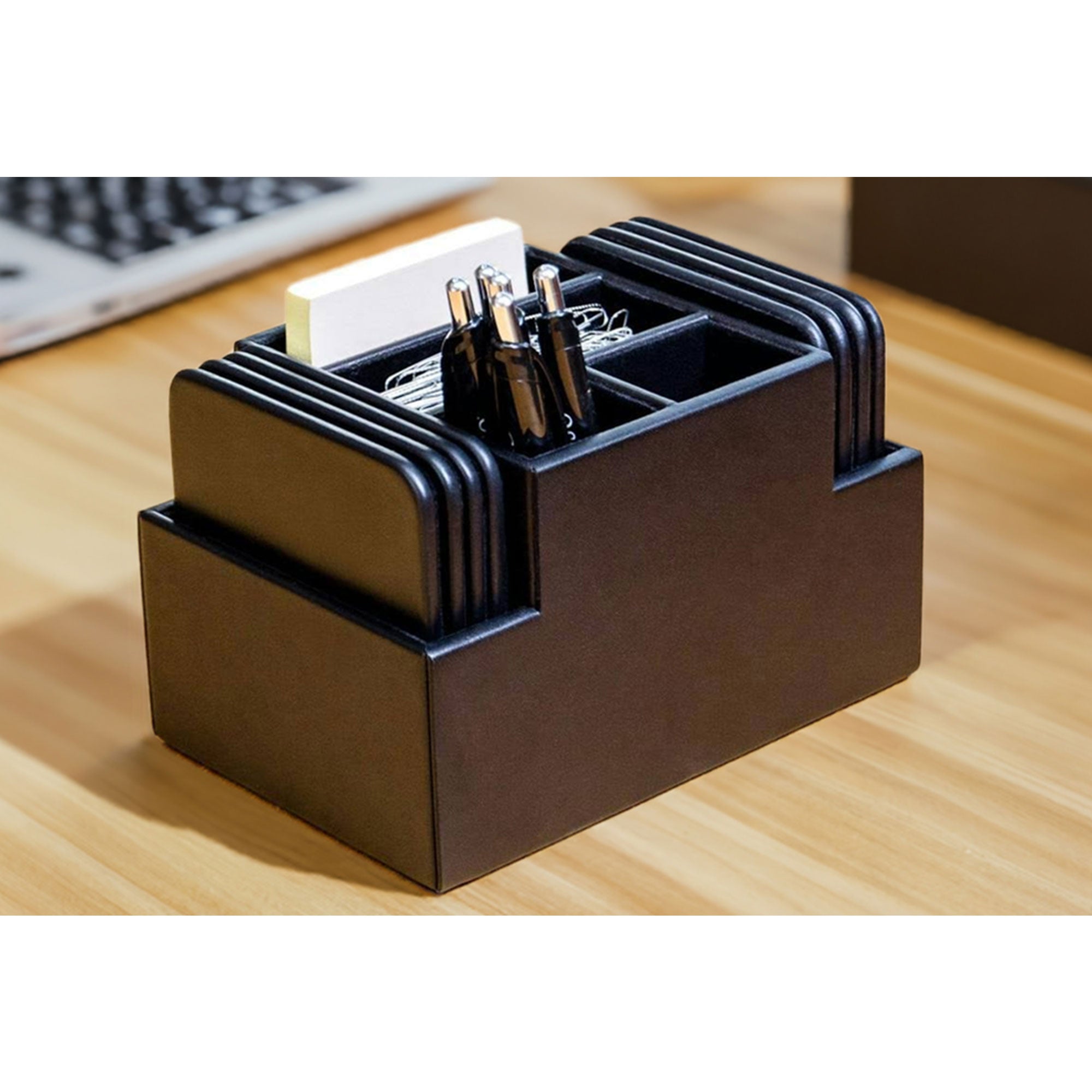 Black Leatherette 8 Square Coaster Set w/ Holder