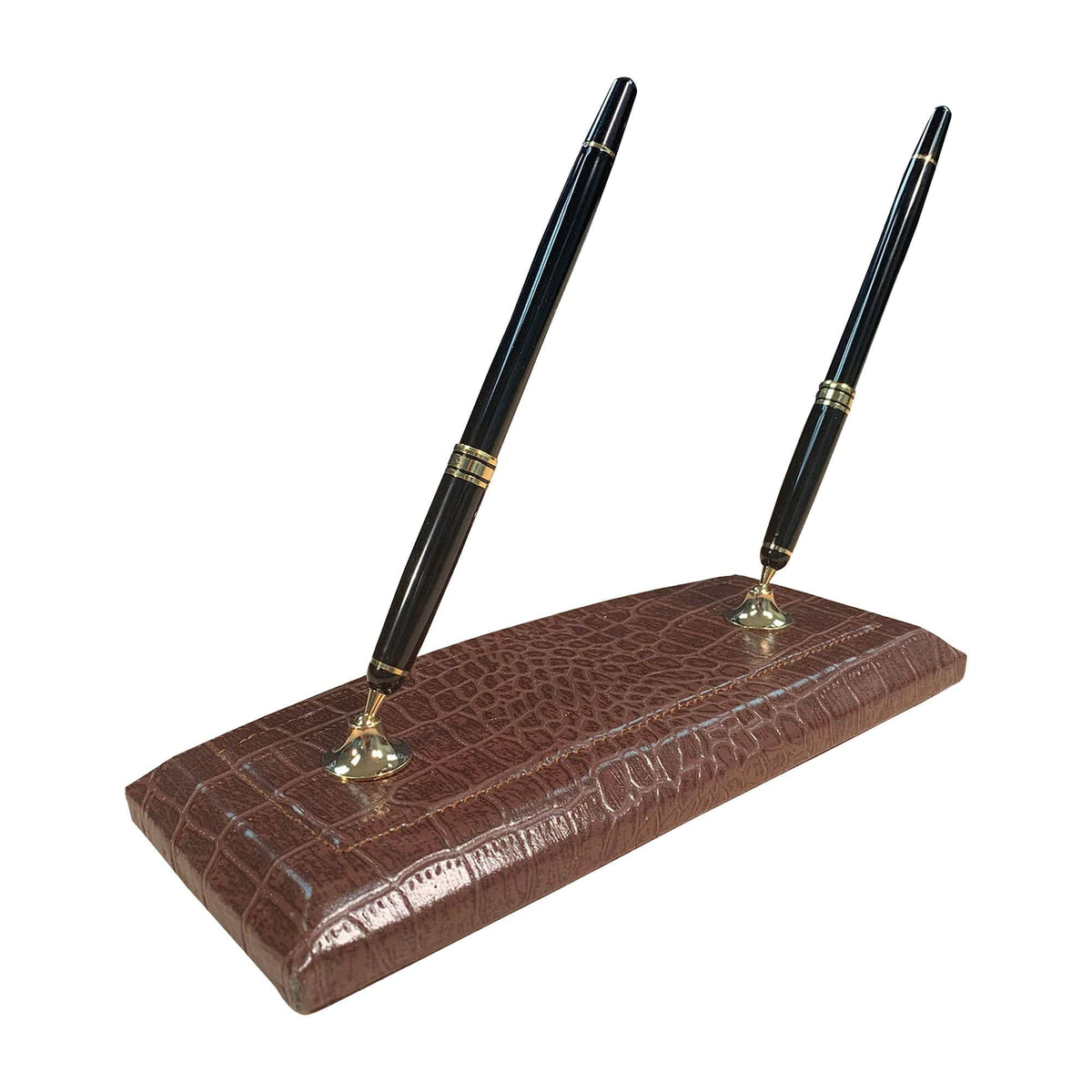 Brown Crocodile Embossed Leather Double Pen Stand