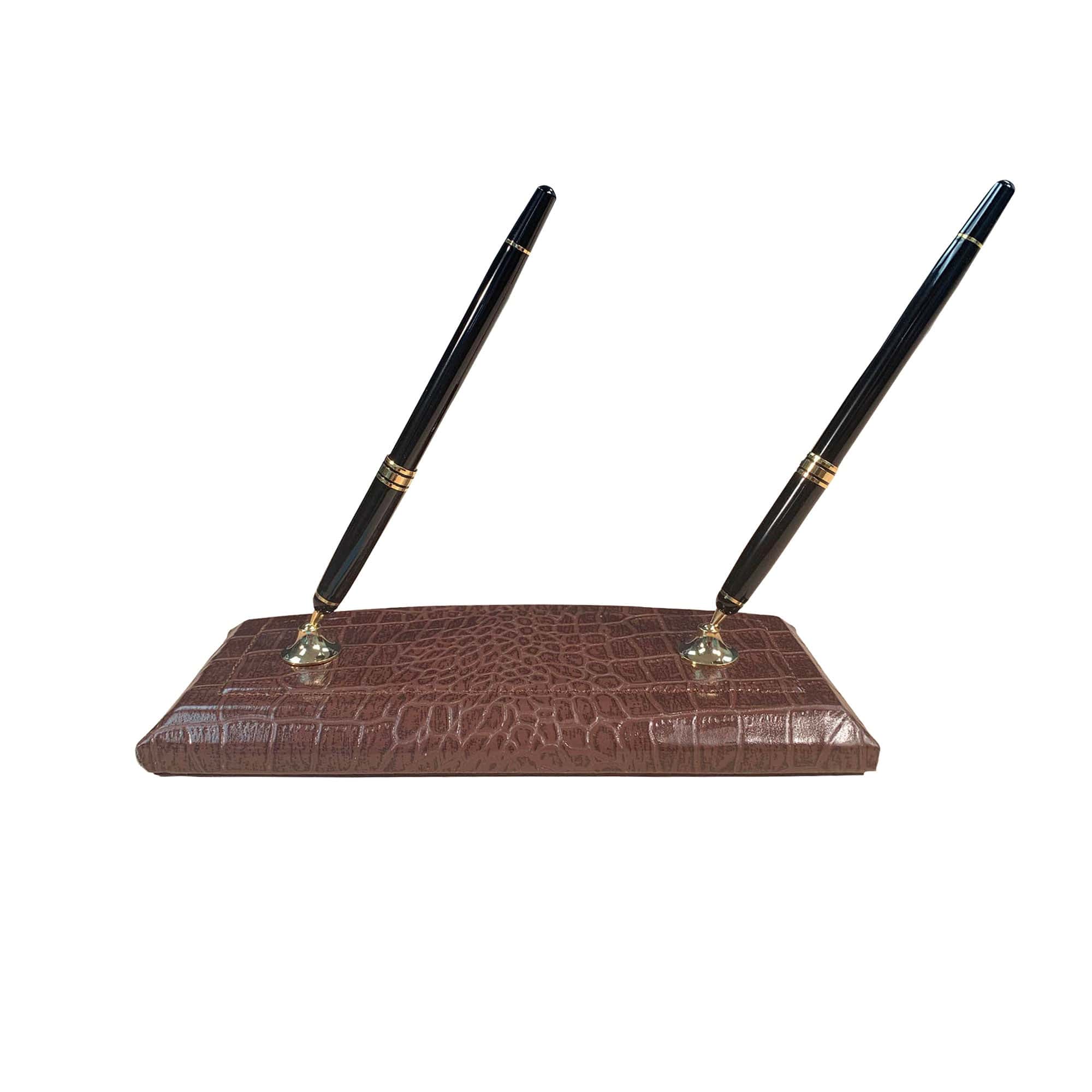 Brown Crocodile Embossed Leather Double Pen Stand