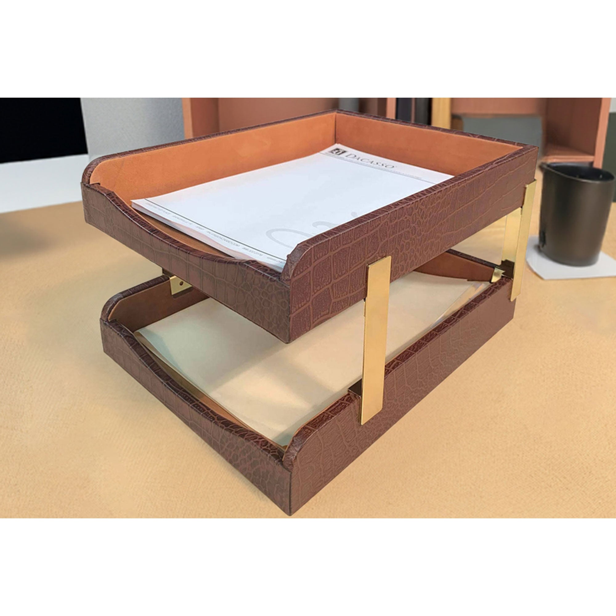 Brown Crocodile Embossed Leather Letter Trays, Stacking Set, Gold