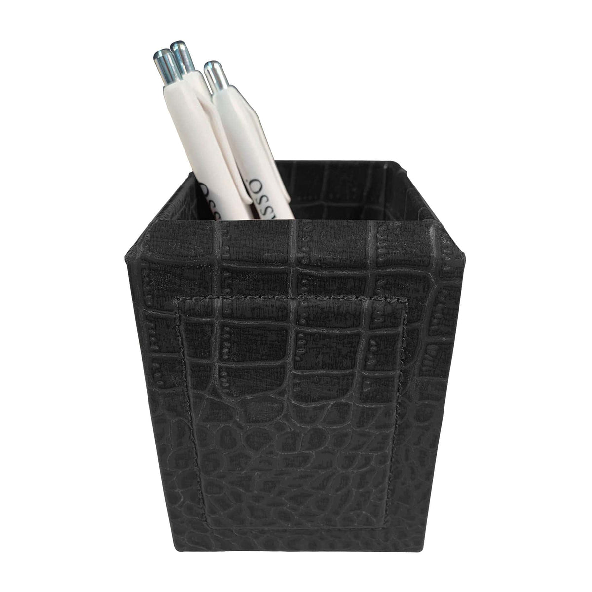 Black Crocodile Embossed Leather Pencil Cup