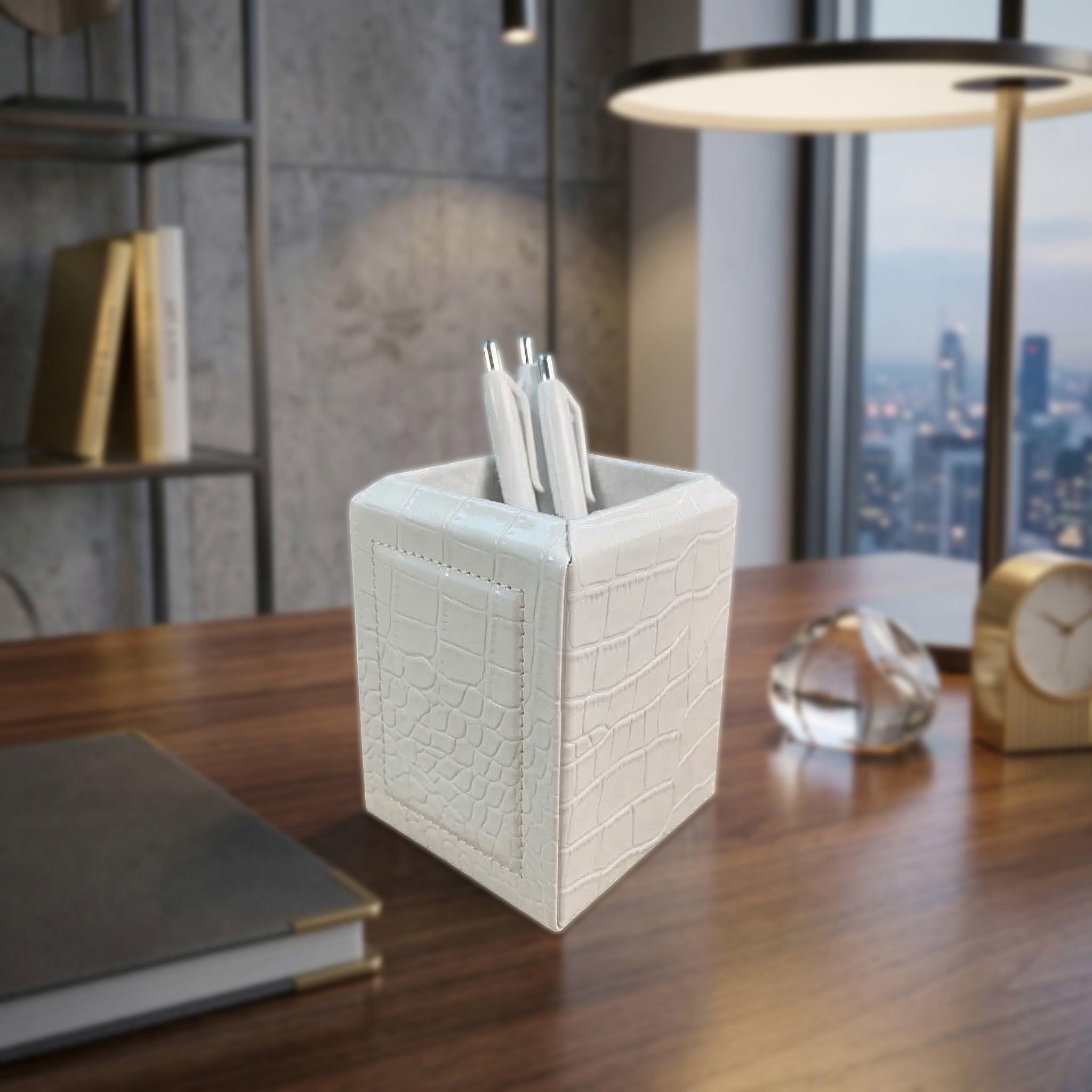 White Crocodile Embossed Leather Pencil Cup