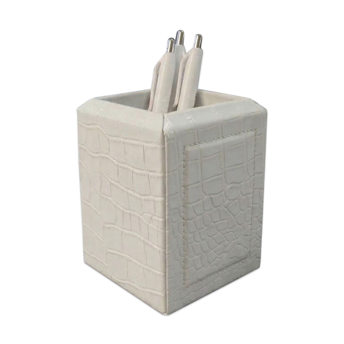 White Crocodile Embossed Leather Pencil Cup