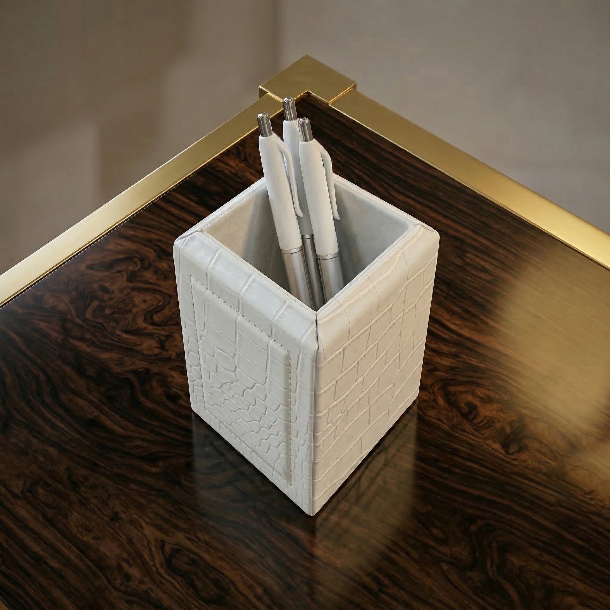 White Crocodile Embossed Leather Pencil Cup