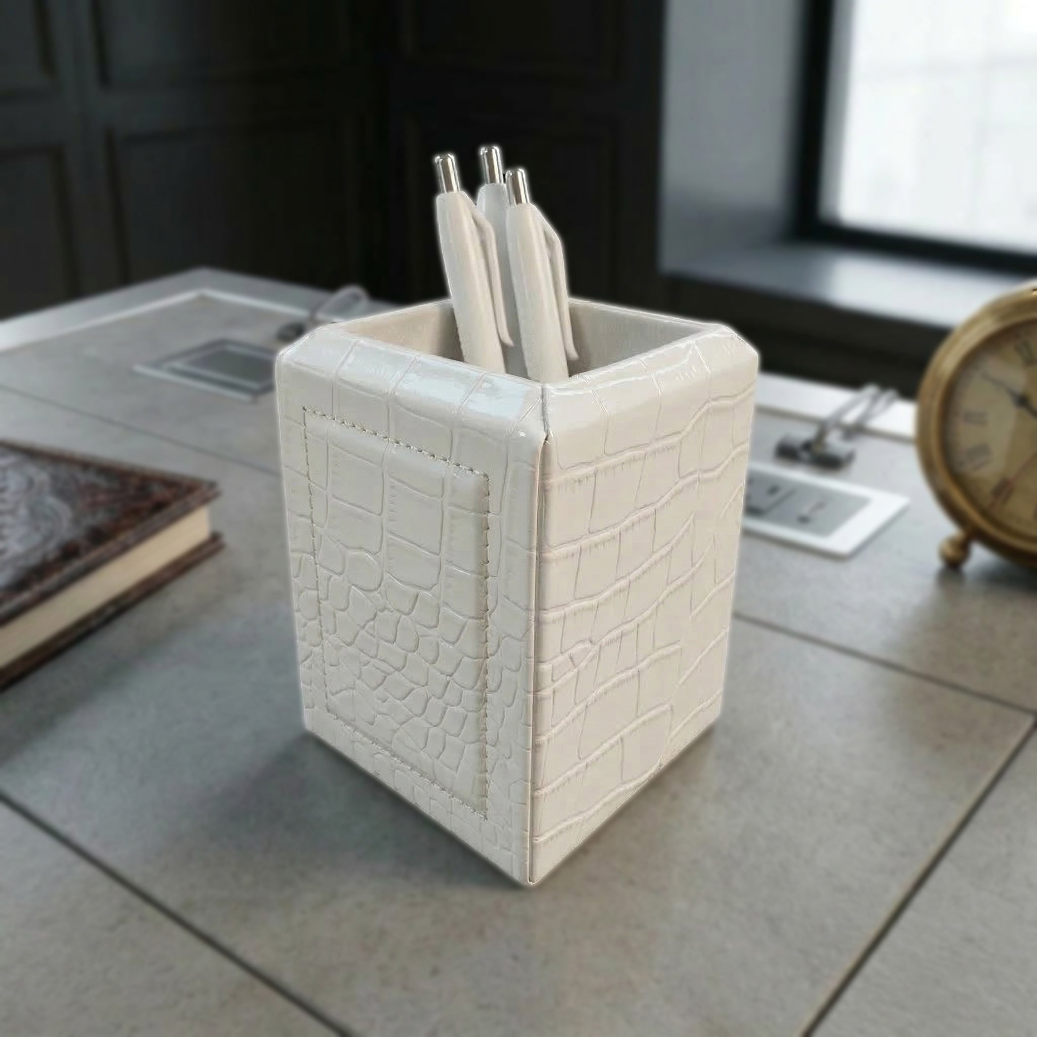 White Crocodile Embossed Leather Pencil Cup
