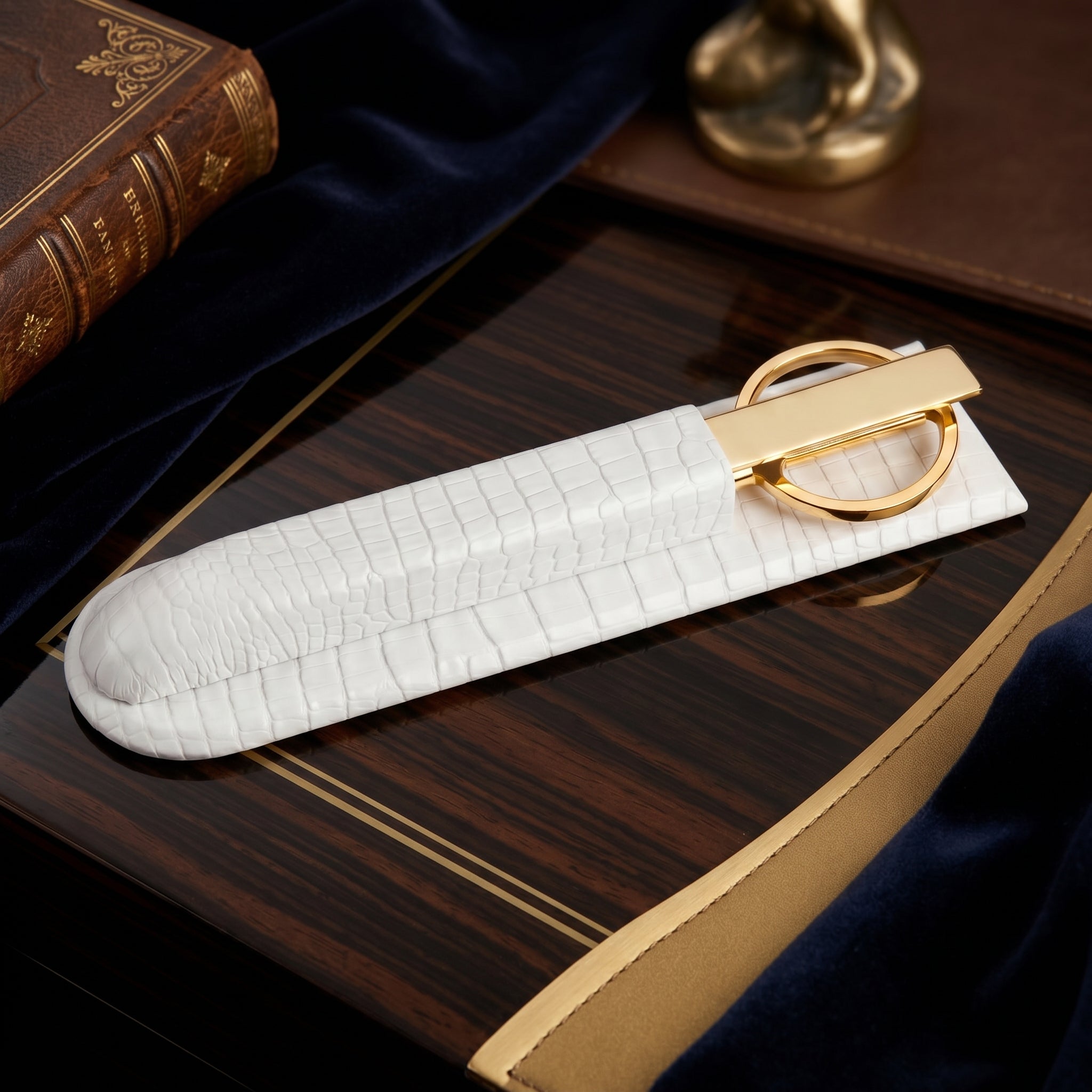 White Crocodile Embossed Leather Library Set, Gold Accent