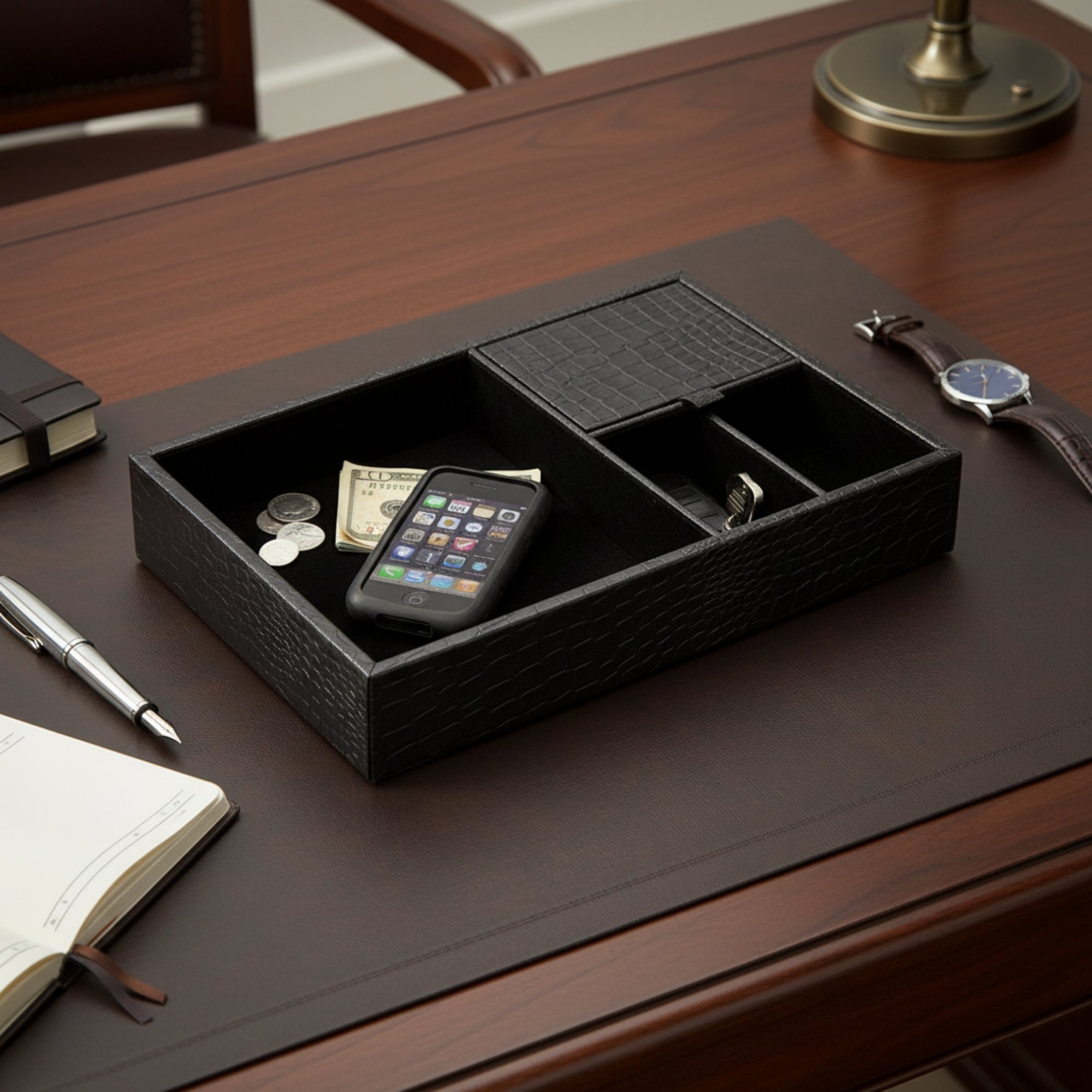Black Crocodile Embossed Standard Valet Tray