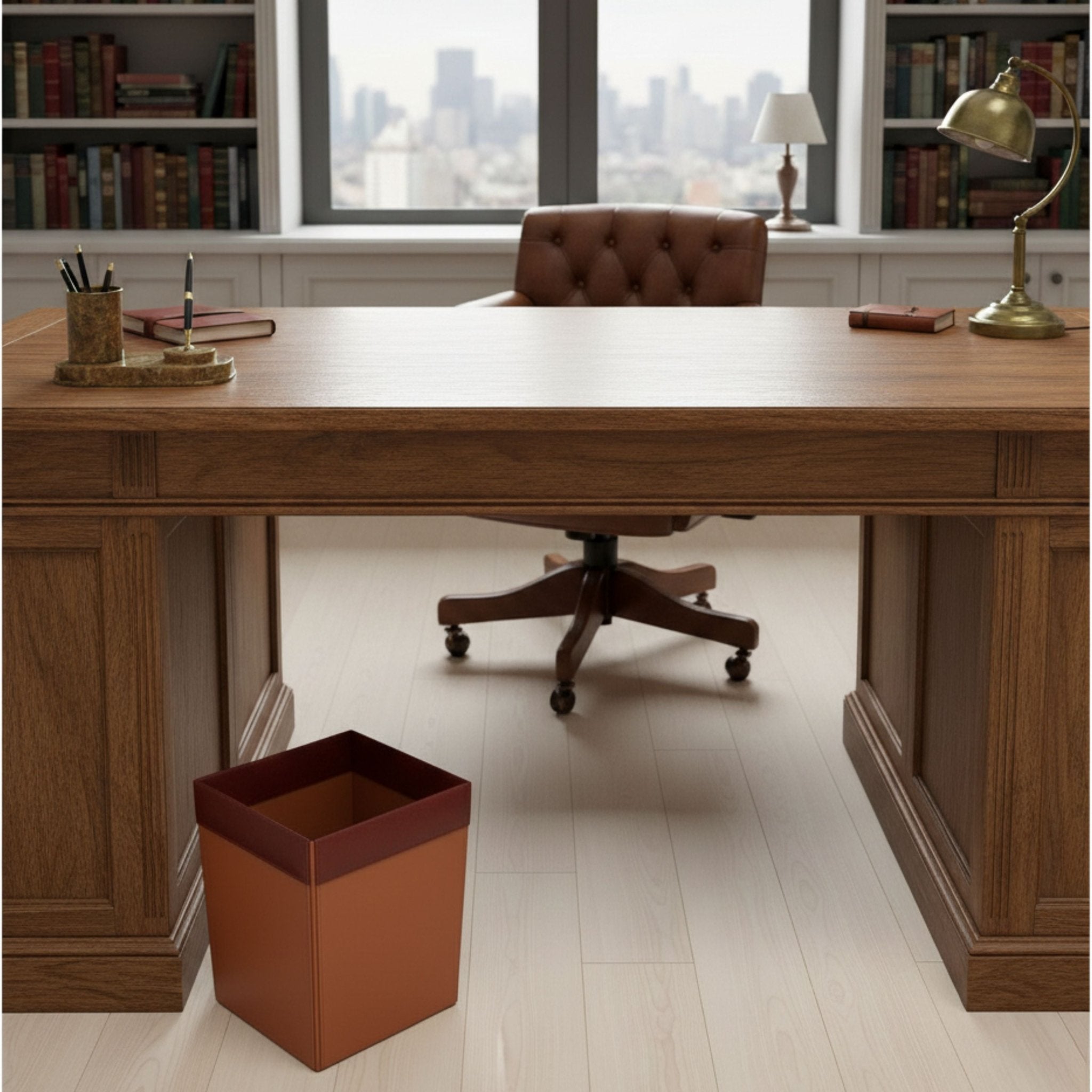 Mocha Leather Square Waste Basket, 14 Qt