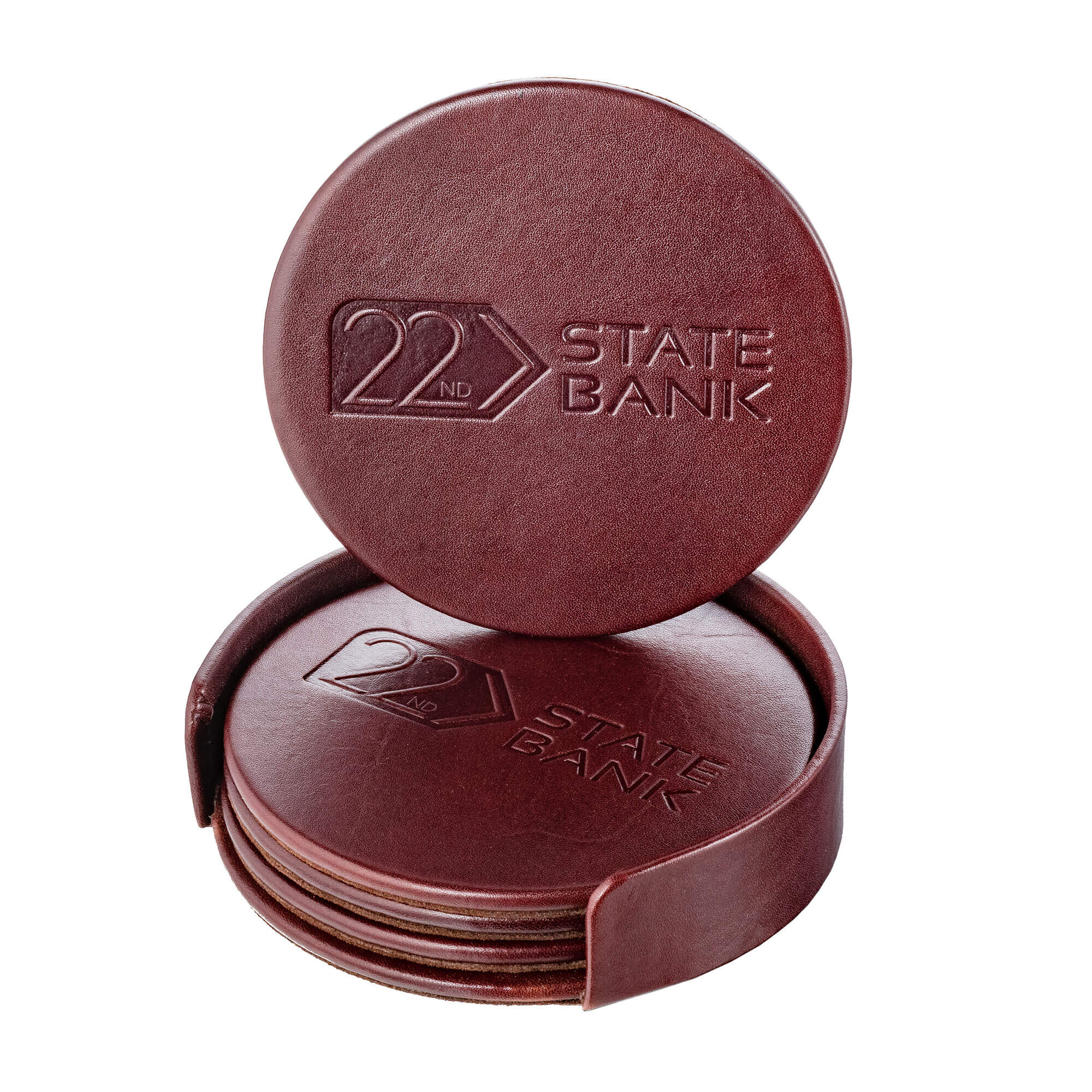 Mocha Leather 4 Round Coaster Set w/ Holder