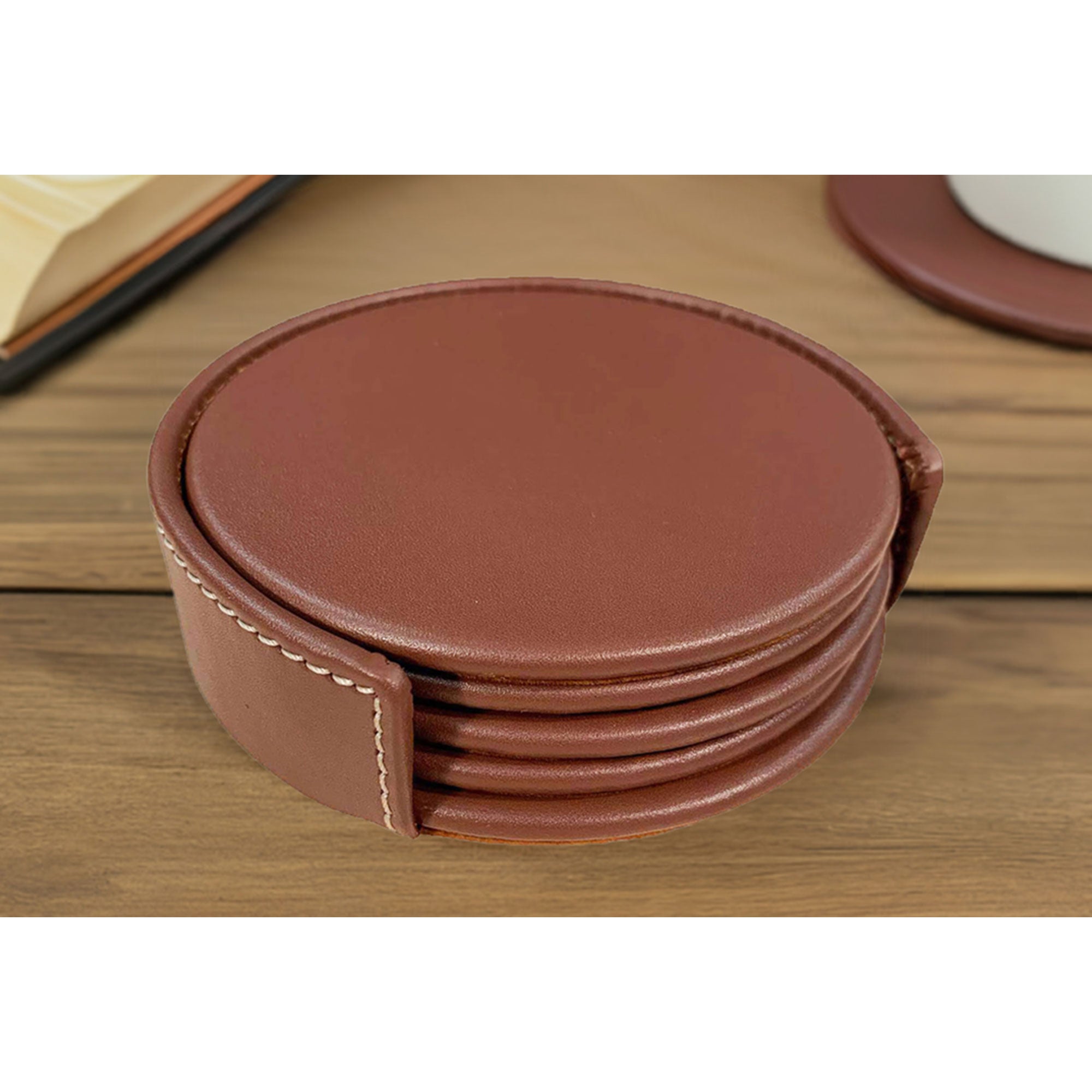 Sienna (Rustic) Brown Leather 4 Round Coaster Set w/ Holder