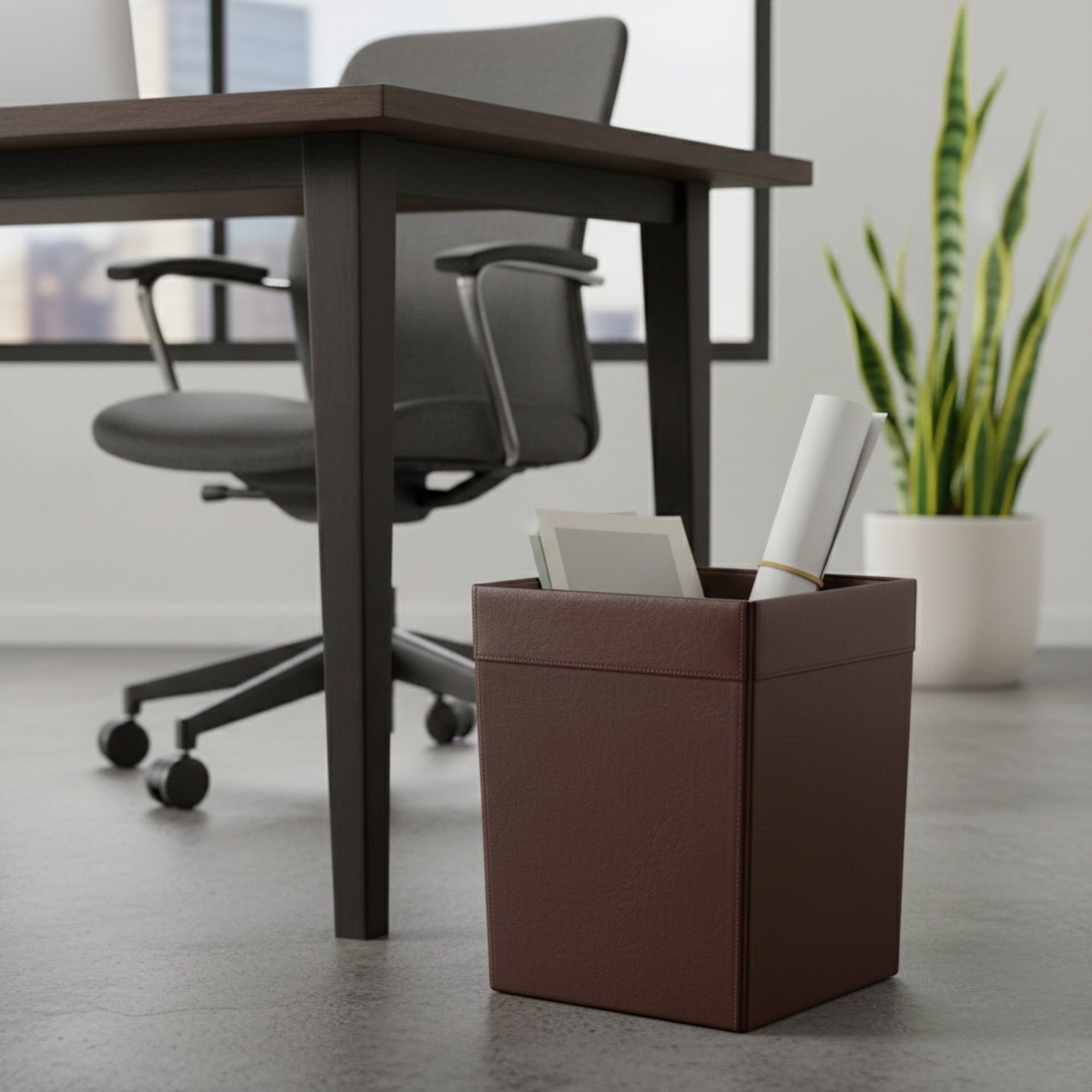 Chocolate Brown Leather Square Waste Basket, 14 Qt