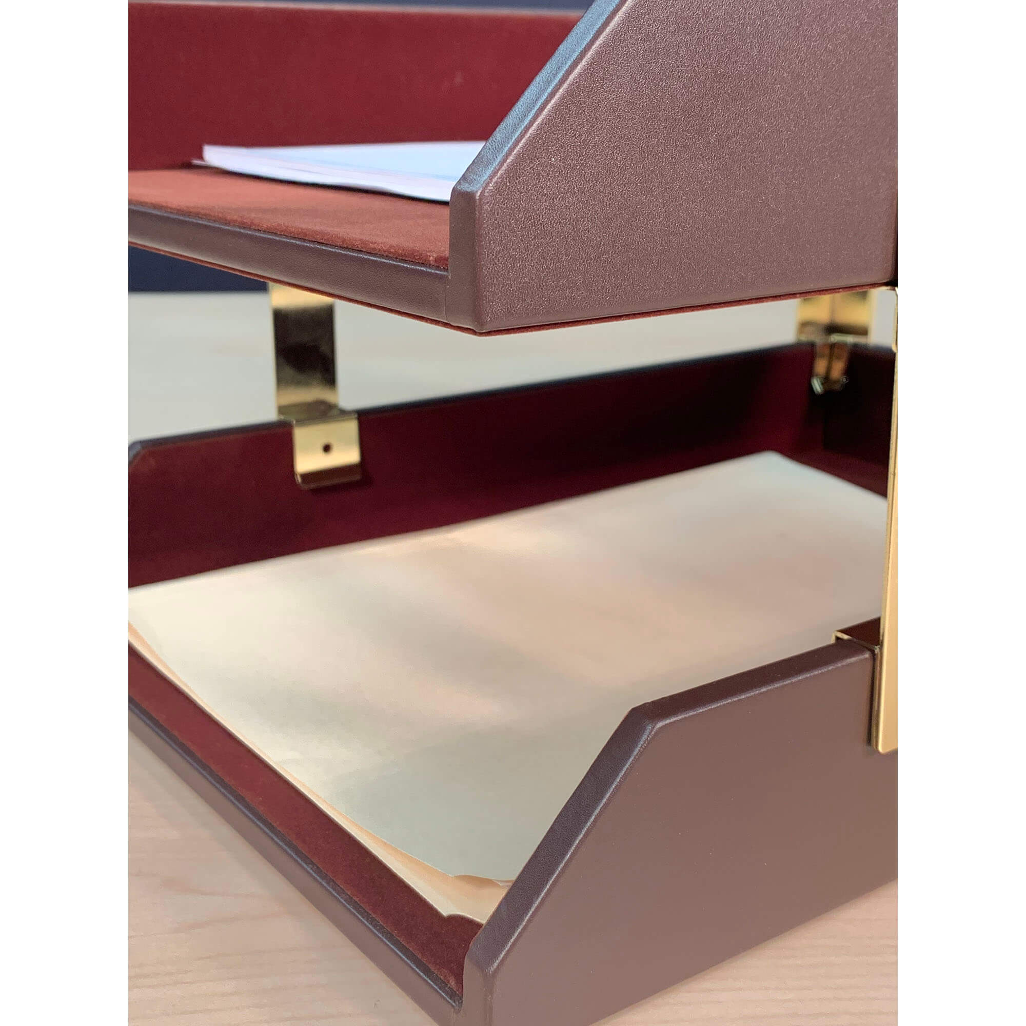 Chocolate Brown Leather Letter Trays, Legal Stacking Set, Gold