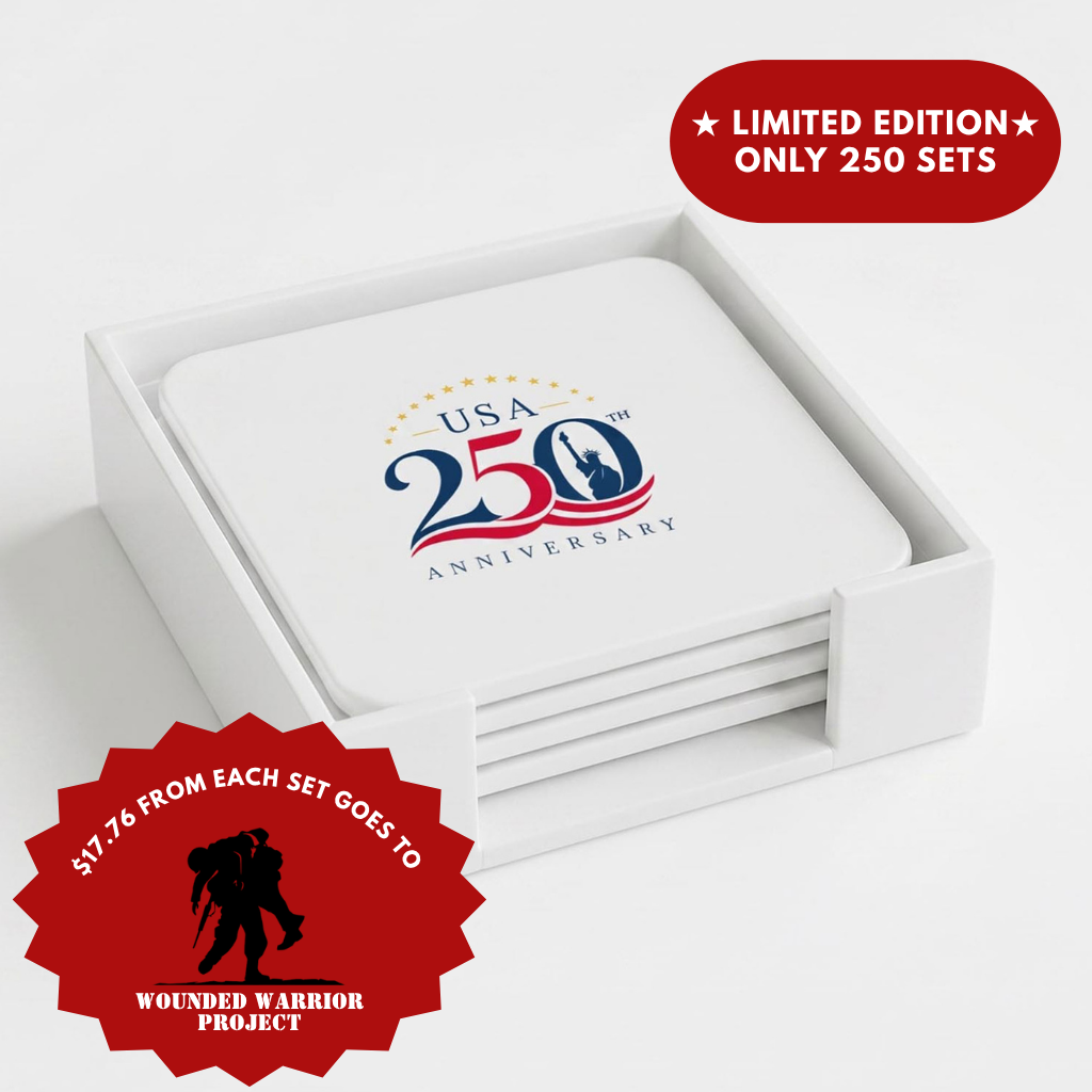 America 250 Limited Edition White Leather 4 Square Coaster Set with Holder | 250th Anniversary Collectible