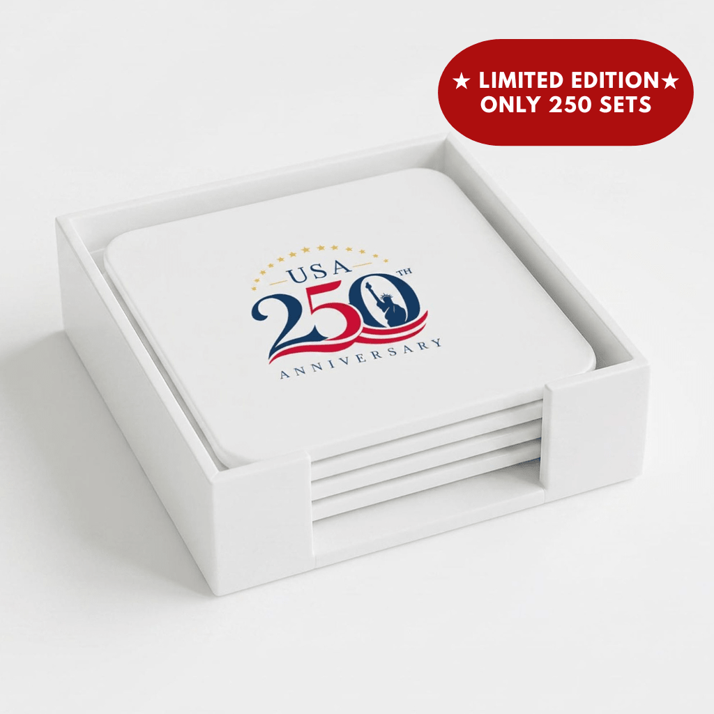 America 250 Limited Edition White Leather 4 Square Coaster Set with Holder | 250th Anniversary Collectible