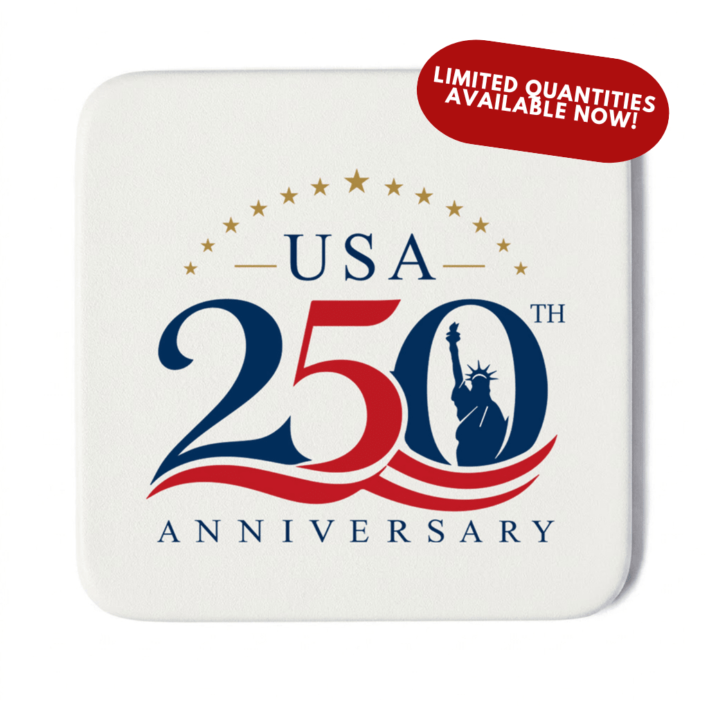 America 250 Limited Edition White Leather 4 Square Coaster Set with Holder | 250th Anniversary Collectible