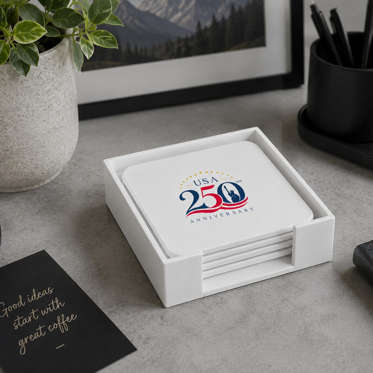 America 250 Limited Edition White Leather 4 Square Coaster Set with Holder | 250th Anniversary Collectible