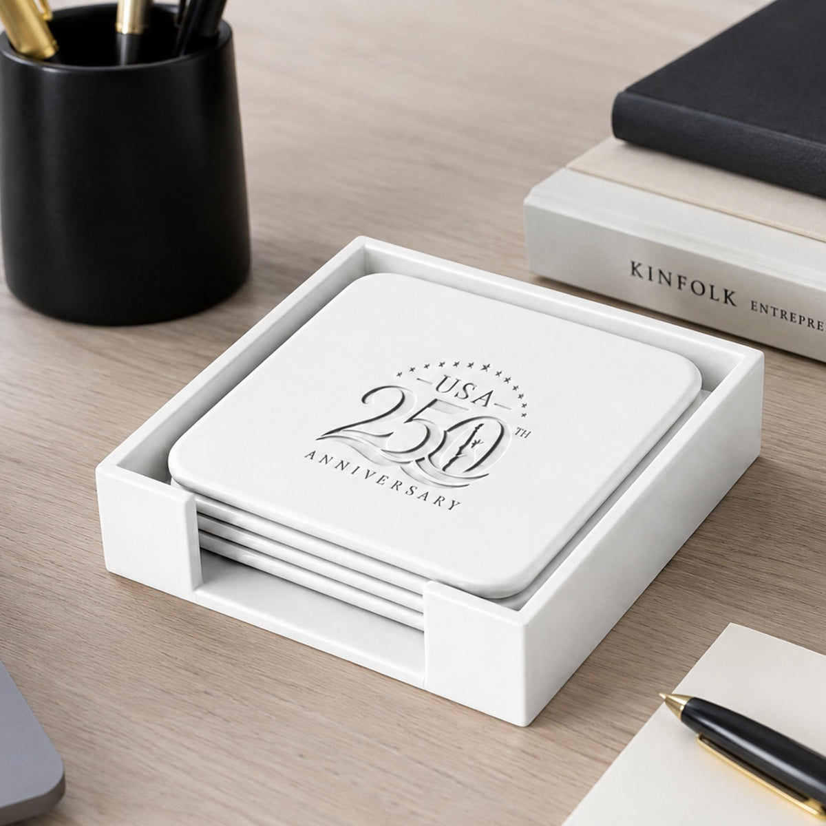 America 250 Limited Edition White Leather 4 Square Coaster Set with Holder | 250th Anniversary Collectible