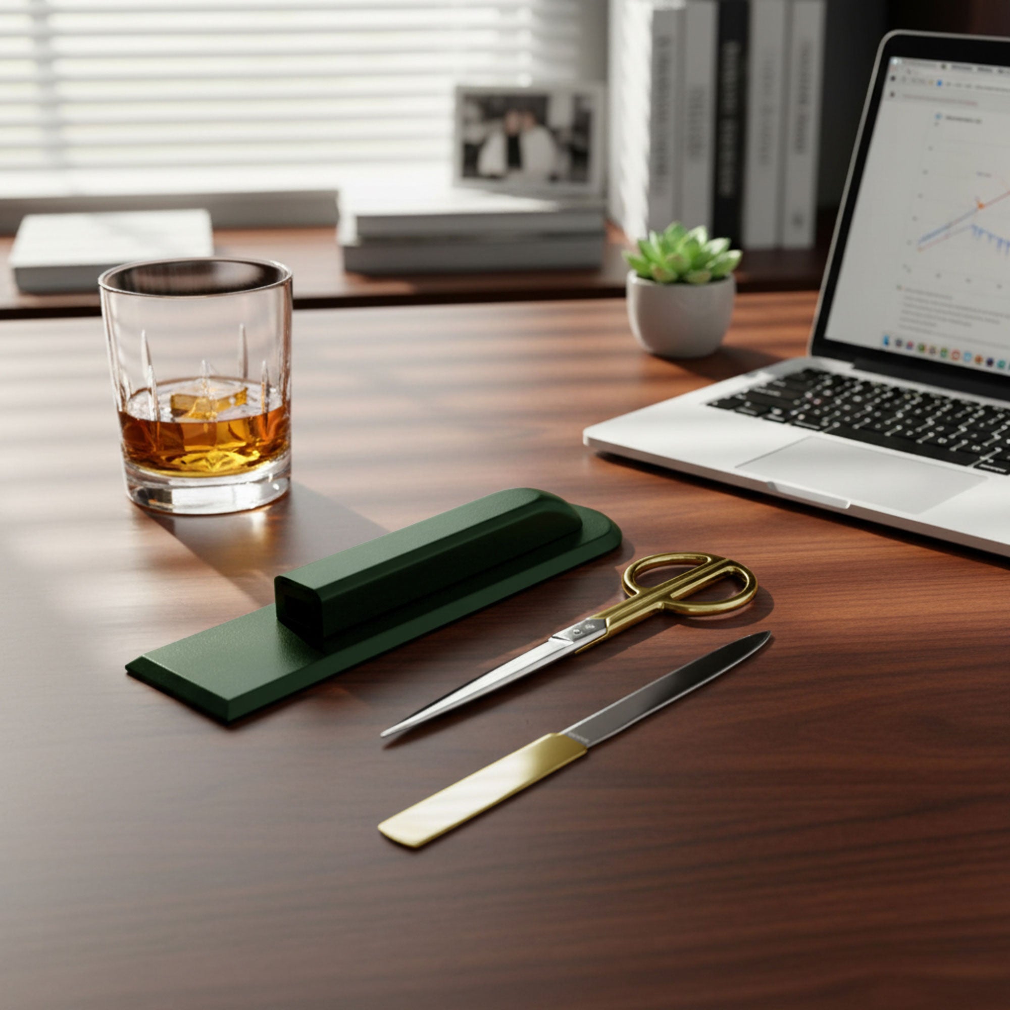 Dark Green Leather Library Set With Gold Hardware