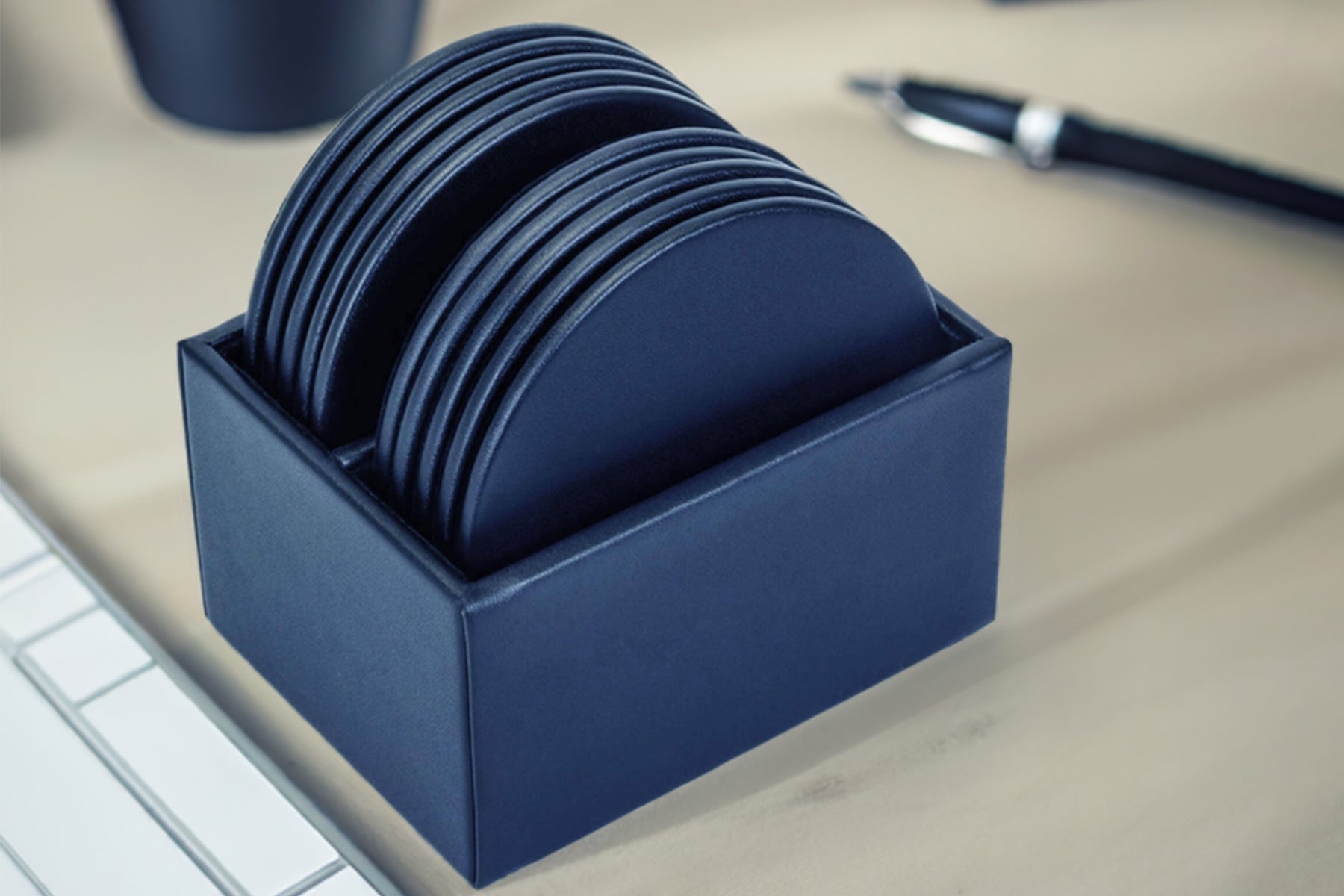 Navy Blue Leatherette 10 Round Coaster Set w/ Holder