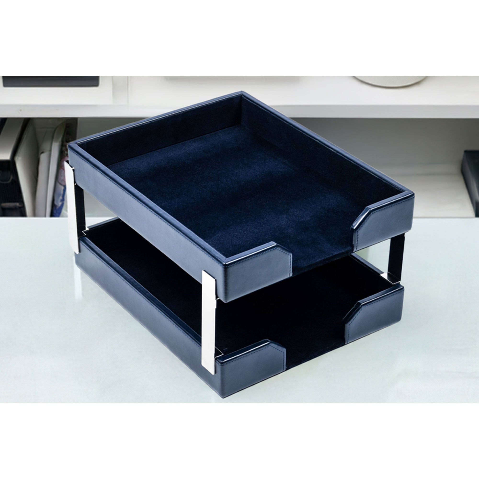 Navy Blue Bonded Leather Letter Trays, Stacking Set, Silver