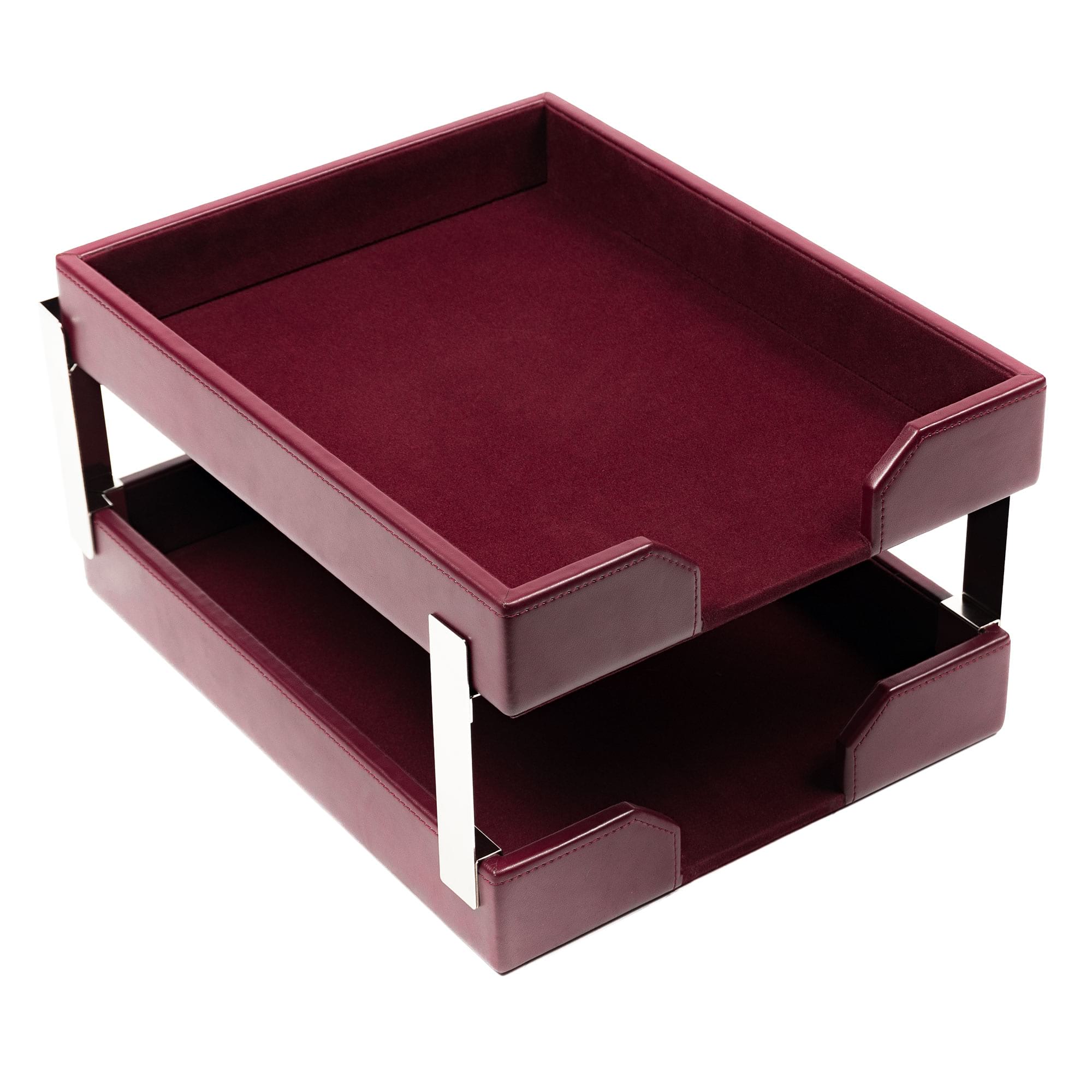 Burgundy Bonded Leather Letter Trays, Stacking Set, Silver