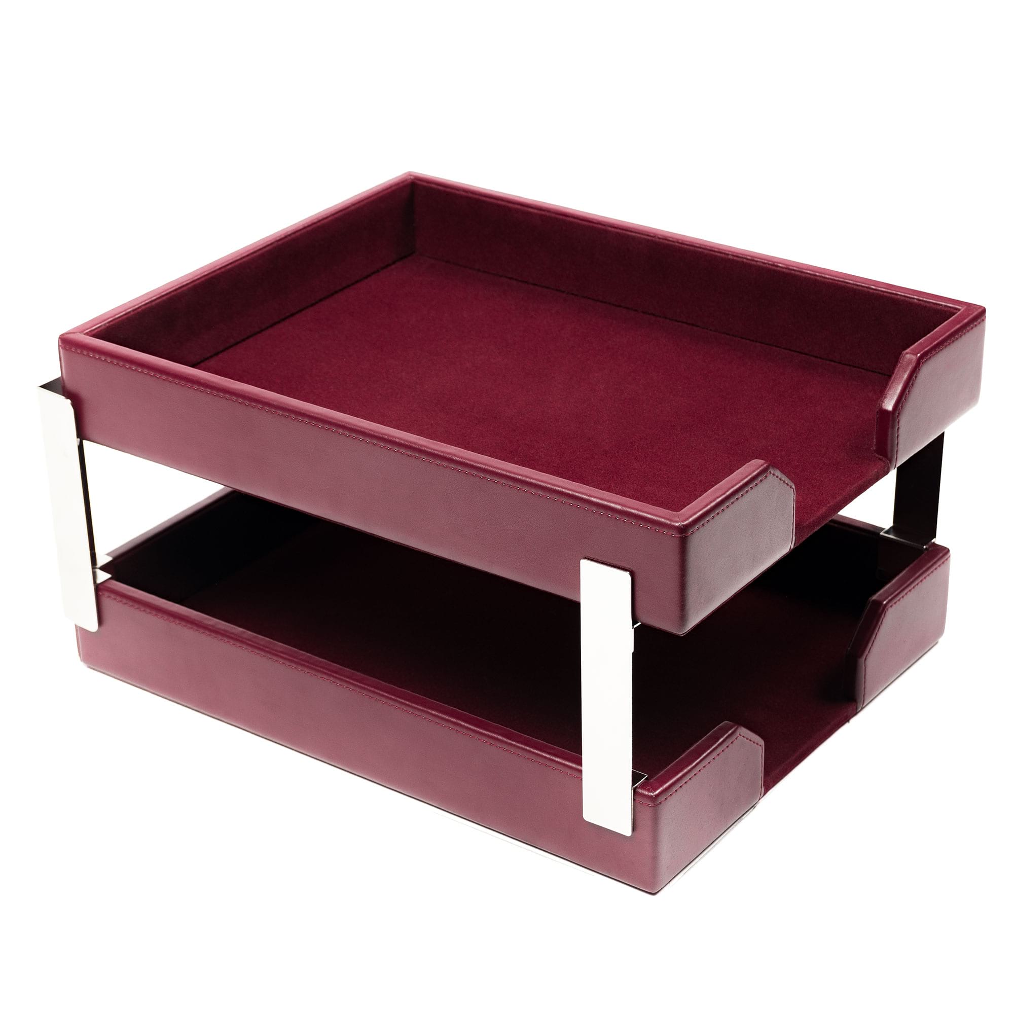 Burgundy Bonded Leather Letter Trays, Stacking Set, Silver