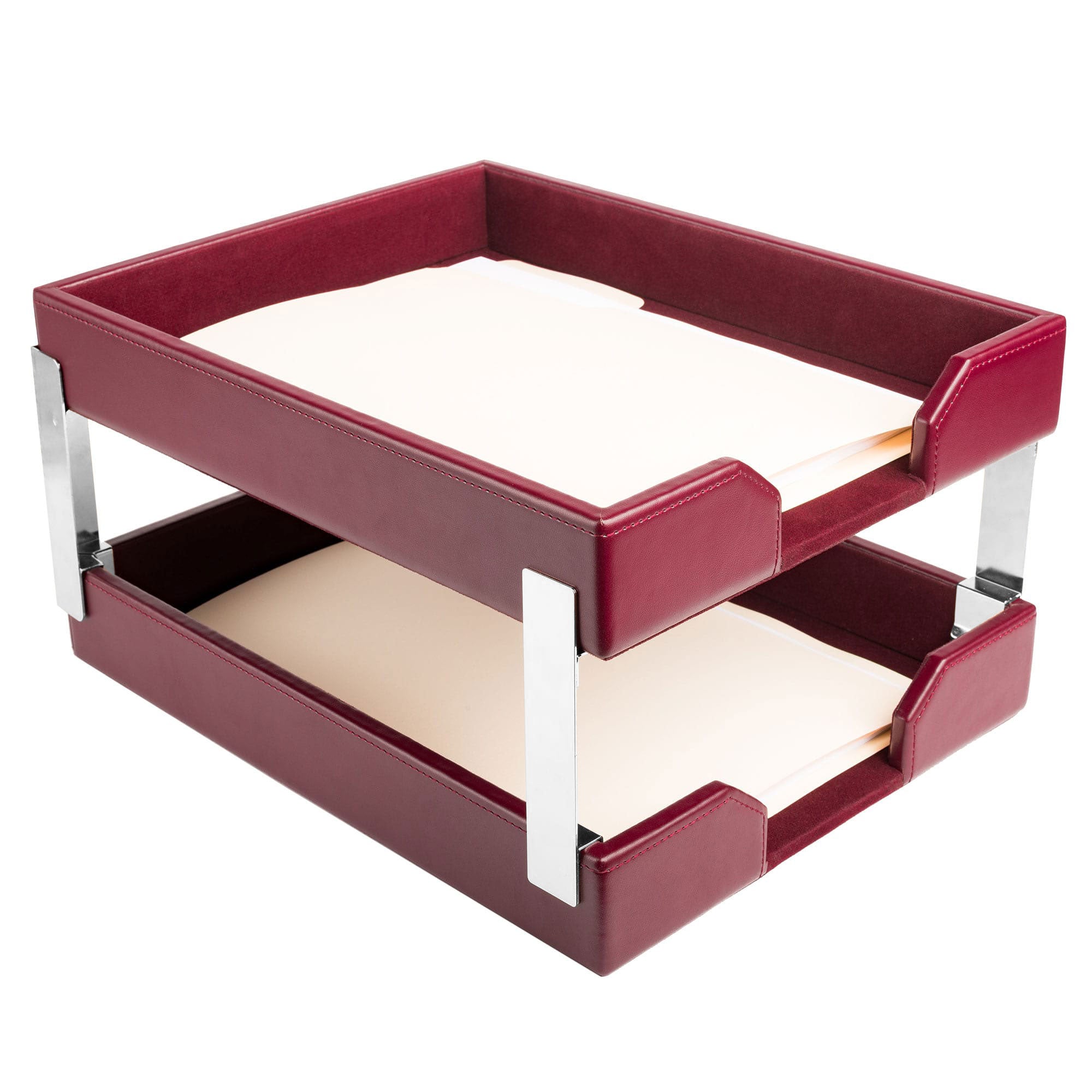 Burgundy Bonded Leather Letter Trays, Stacking Set, Silver