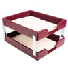 Burgundy Bonded Leather Letter Trays, Stacking Set, Silver