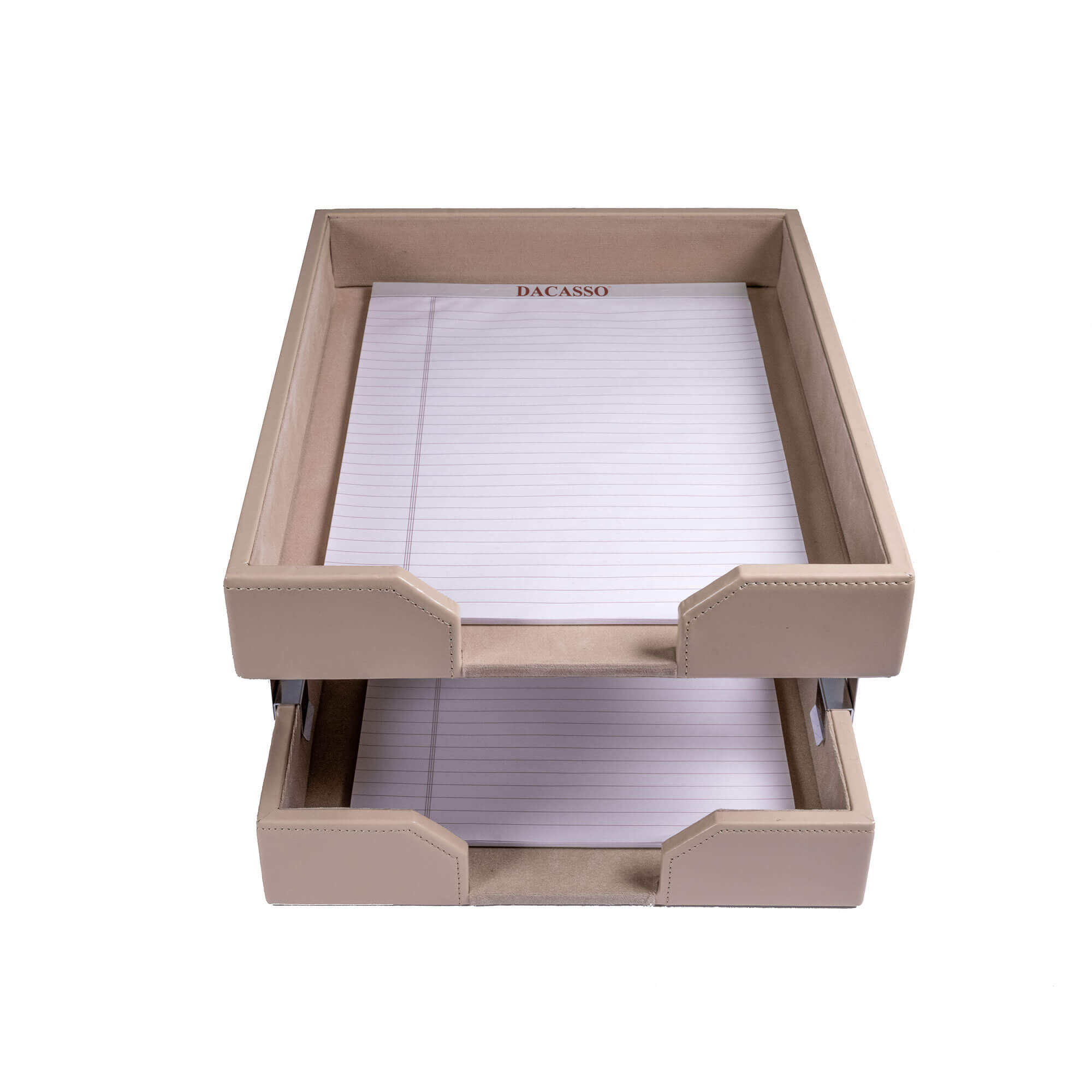 White Latte Bonded Leather Letter Trays, Stacking Set, Silver