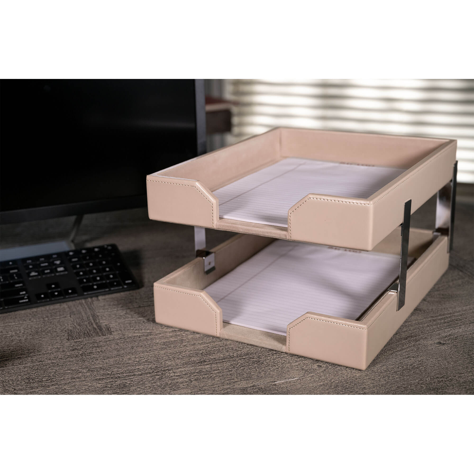 White Latte Bonded Leather Letter Trays, Stacking Set, Silver