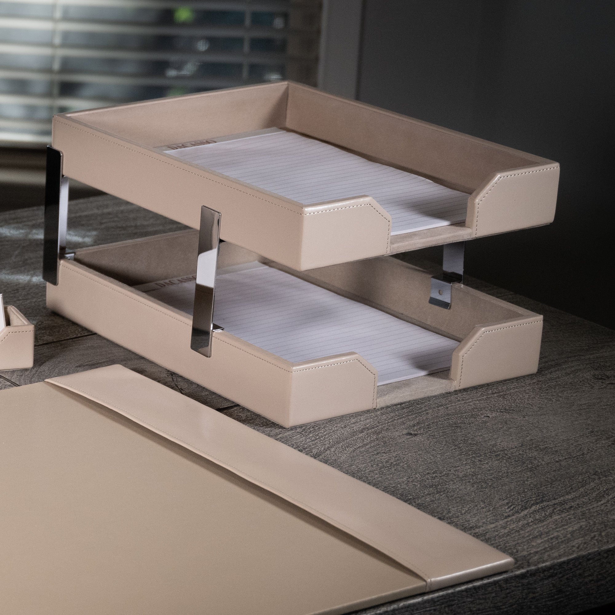 White Latte Bonded Leather Letter Trays, Stacking Set, Silver