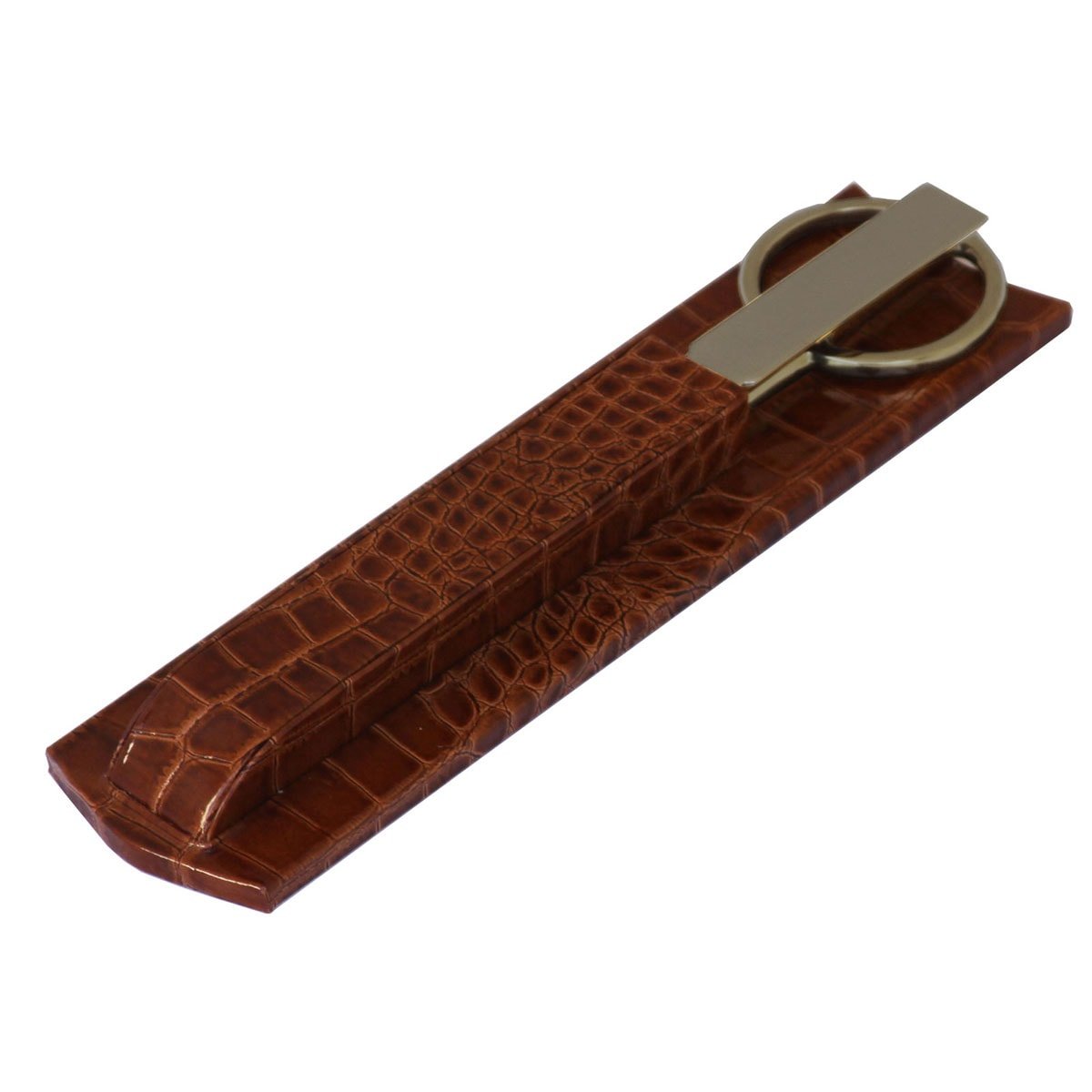 Protacini Cognac Brown Italian Crocodile Leather Library Set - Silver