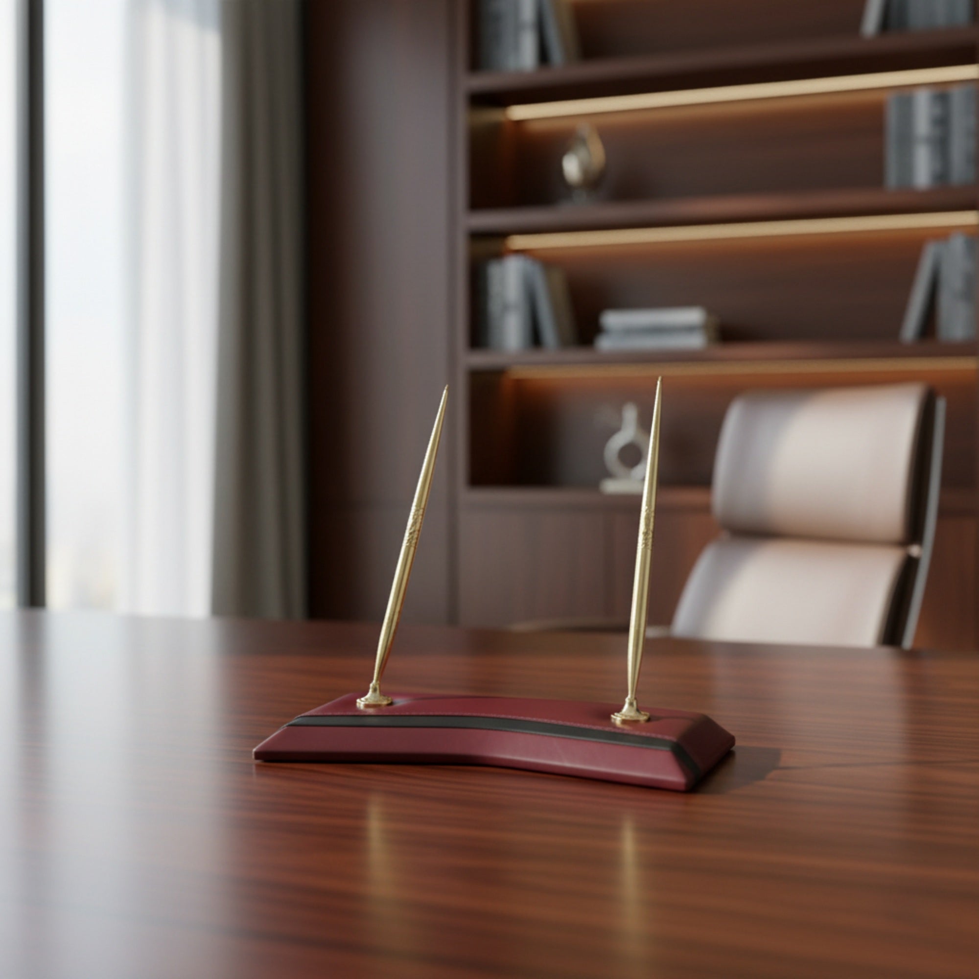 Burgundy Leather with Black Trim Double Pen Stand