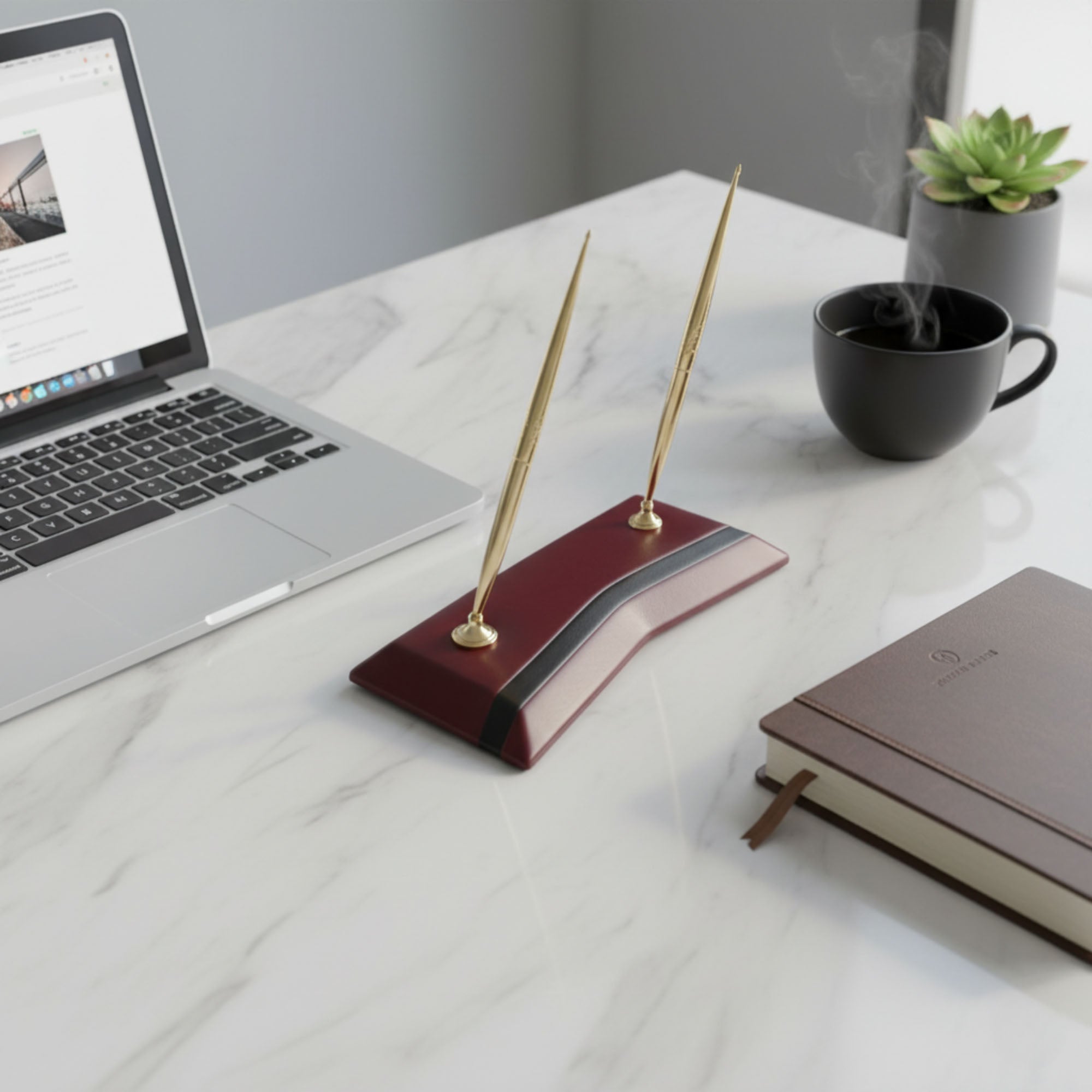 Burgundy Leather with Black Trim Double Pen Stand