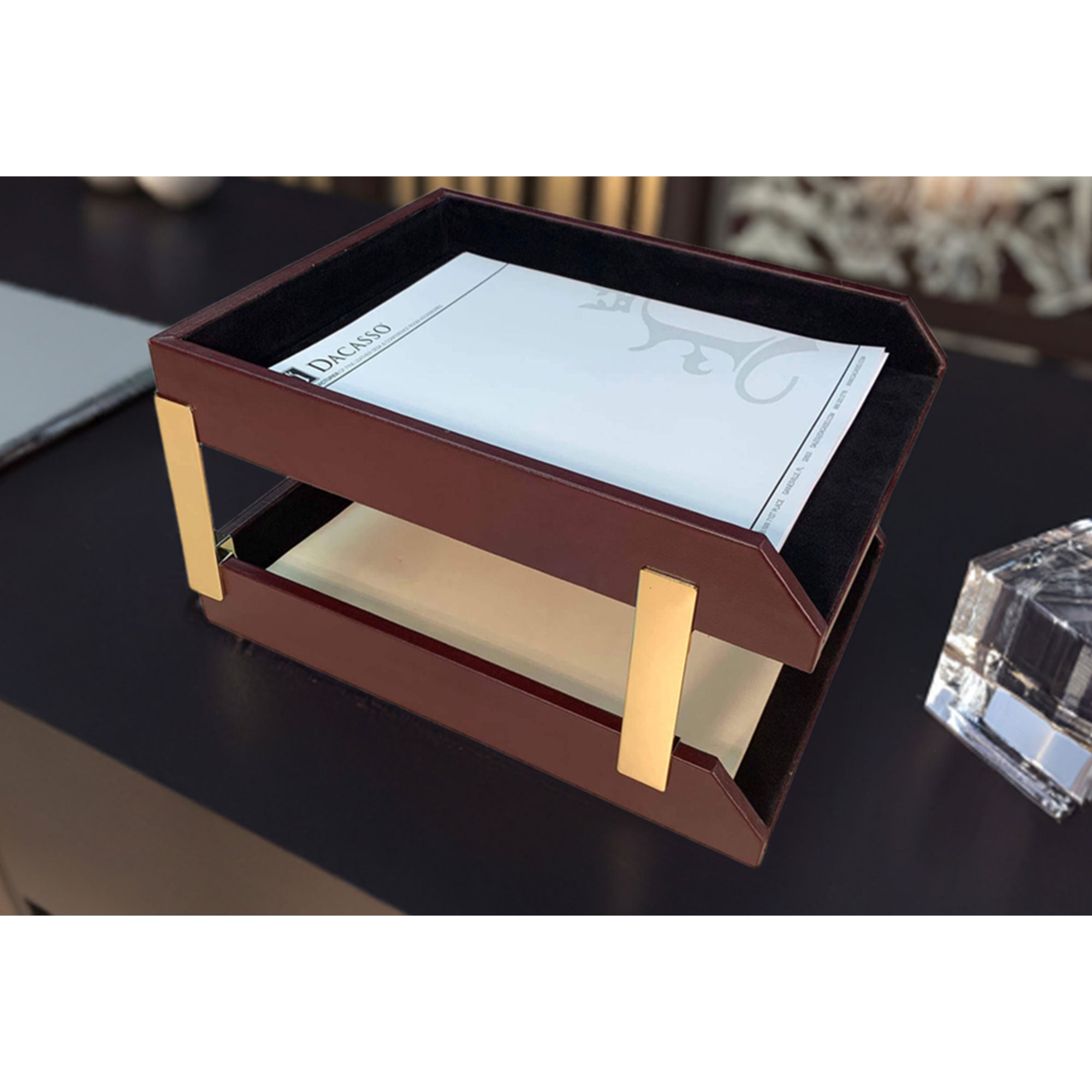 Burgundy Leather Letter Trays, Stacking Set, Gold