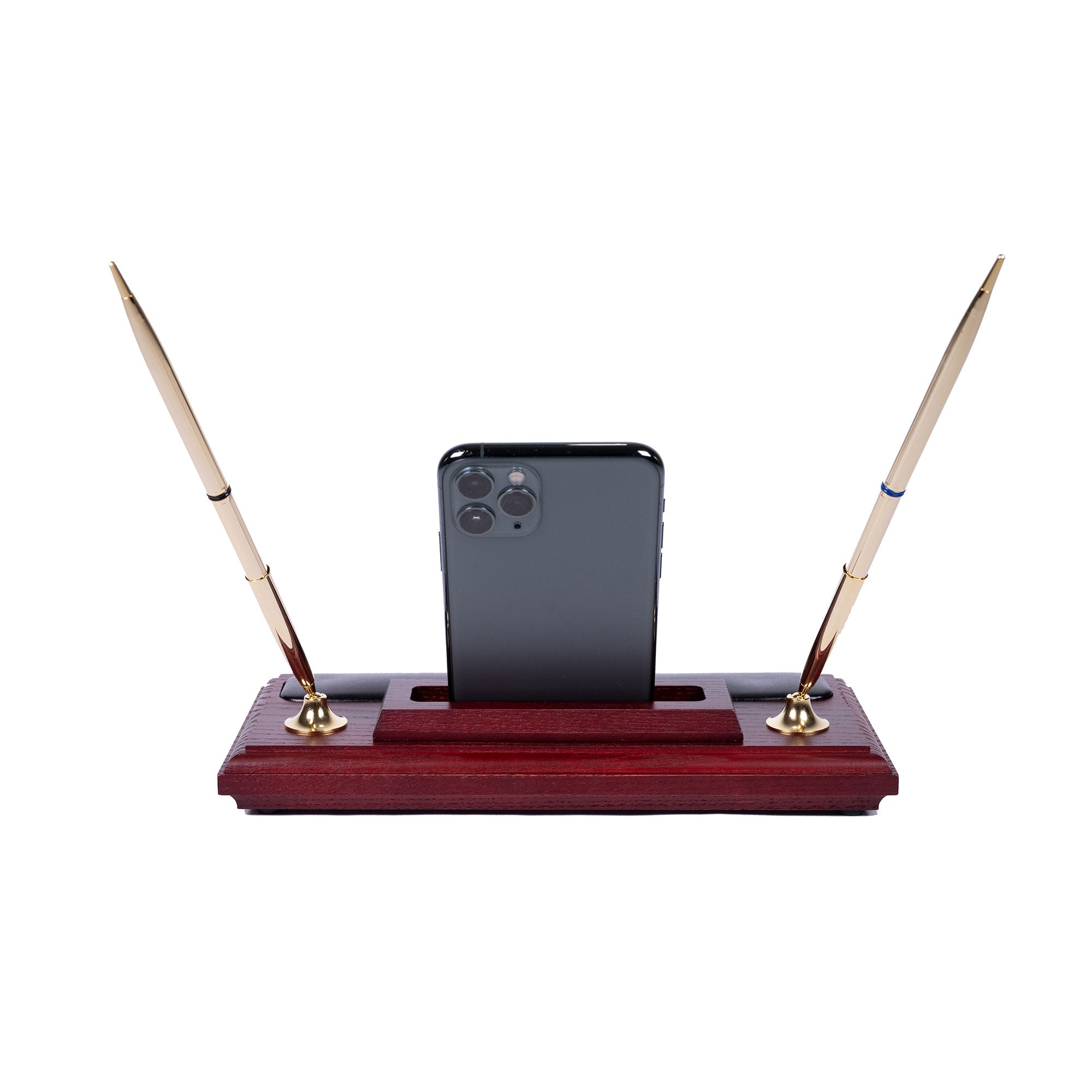 Mahogany (Rosewood) & Black Leather Pen Stand with Cell Phone Holder