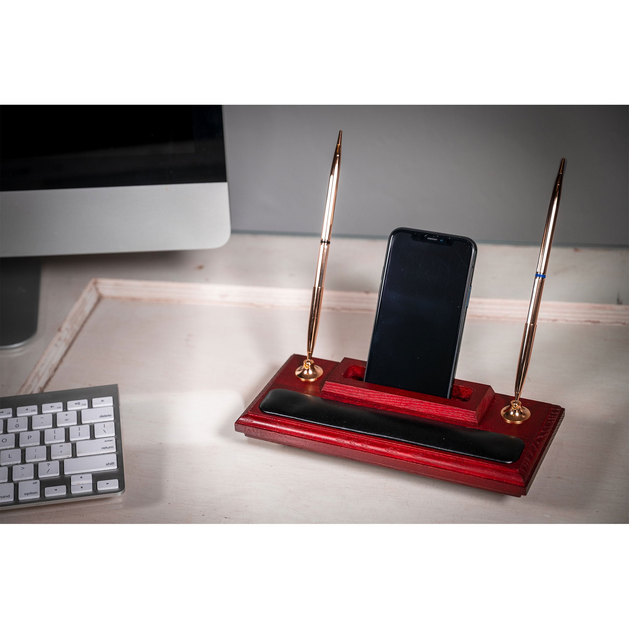 Mahogany (Rosewood) & Black Leather Pen Stand with Cell Phone Holder