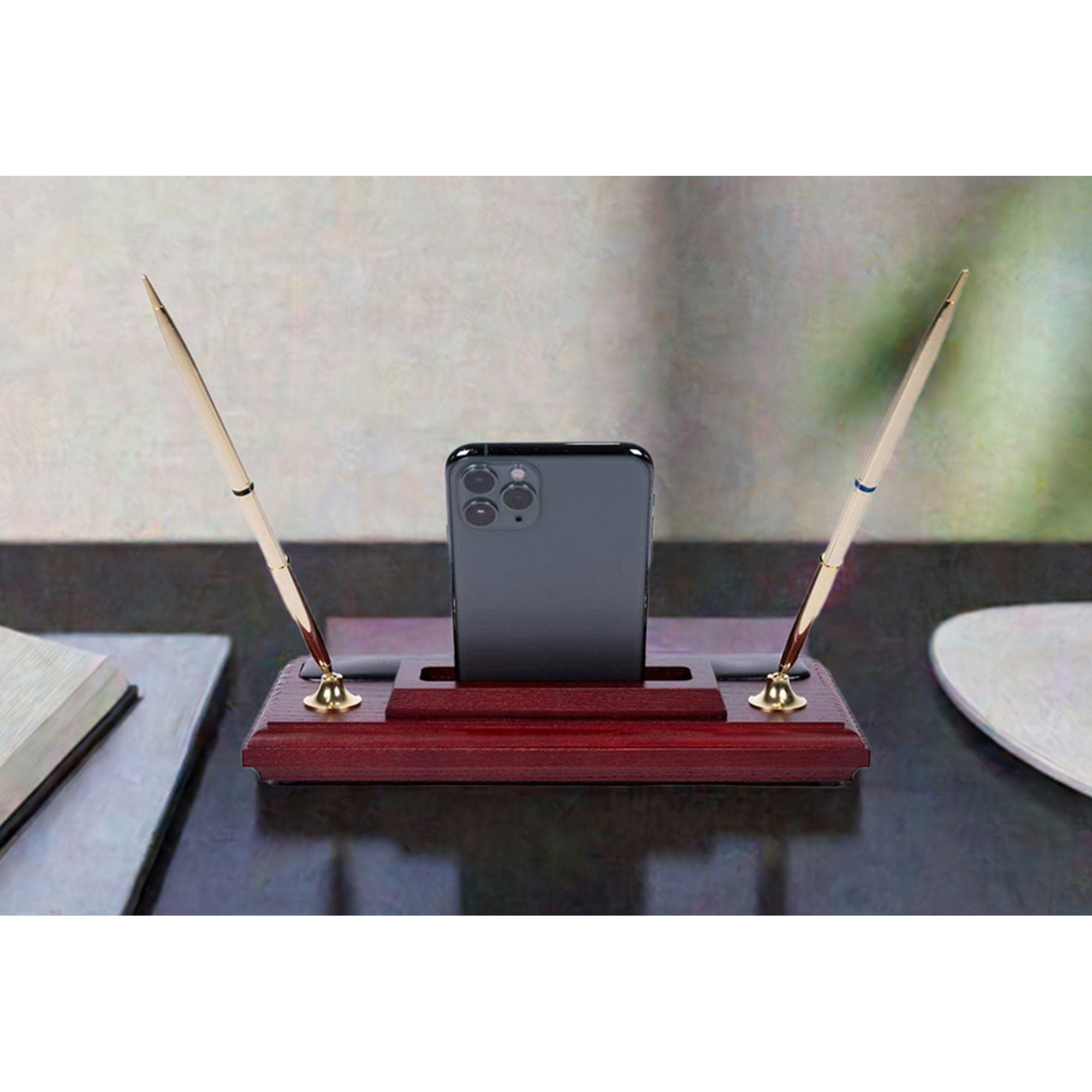 Mahogany (Rosewood) & Black Leather Pen Stand with Cell Phone Holder
