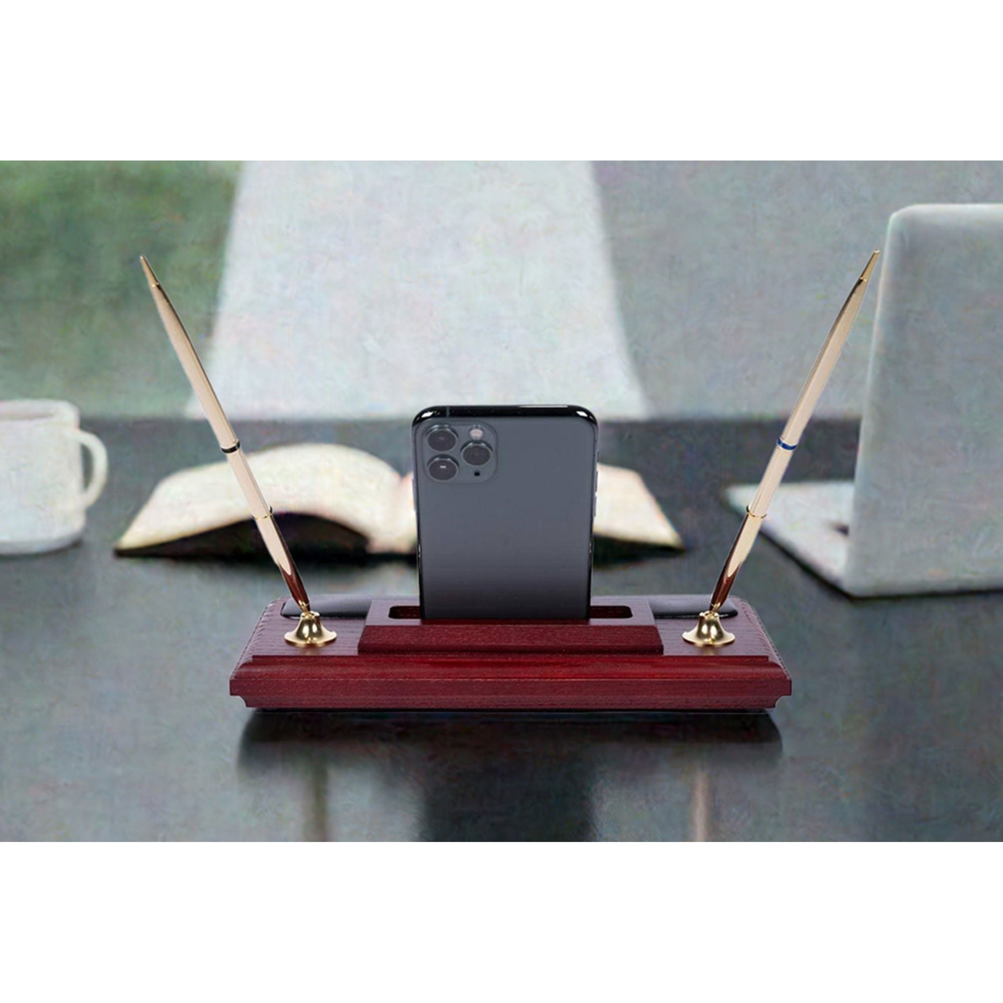 Mahogany (Rosewood) & Black Leather Pen Stand with Cell Phone Holder